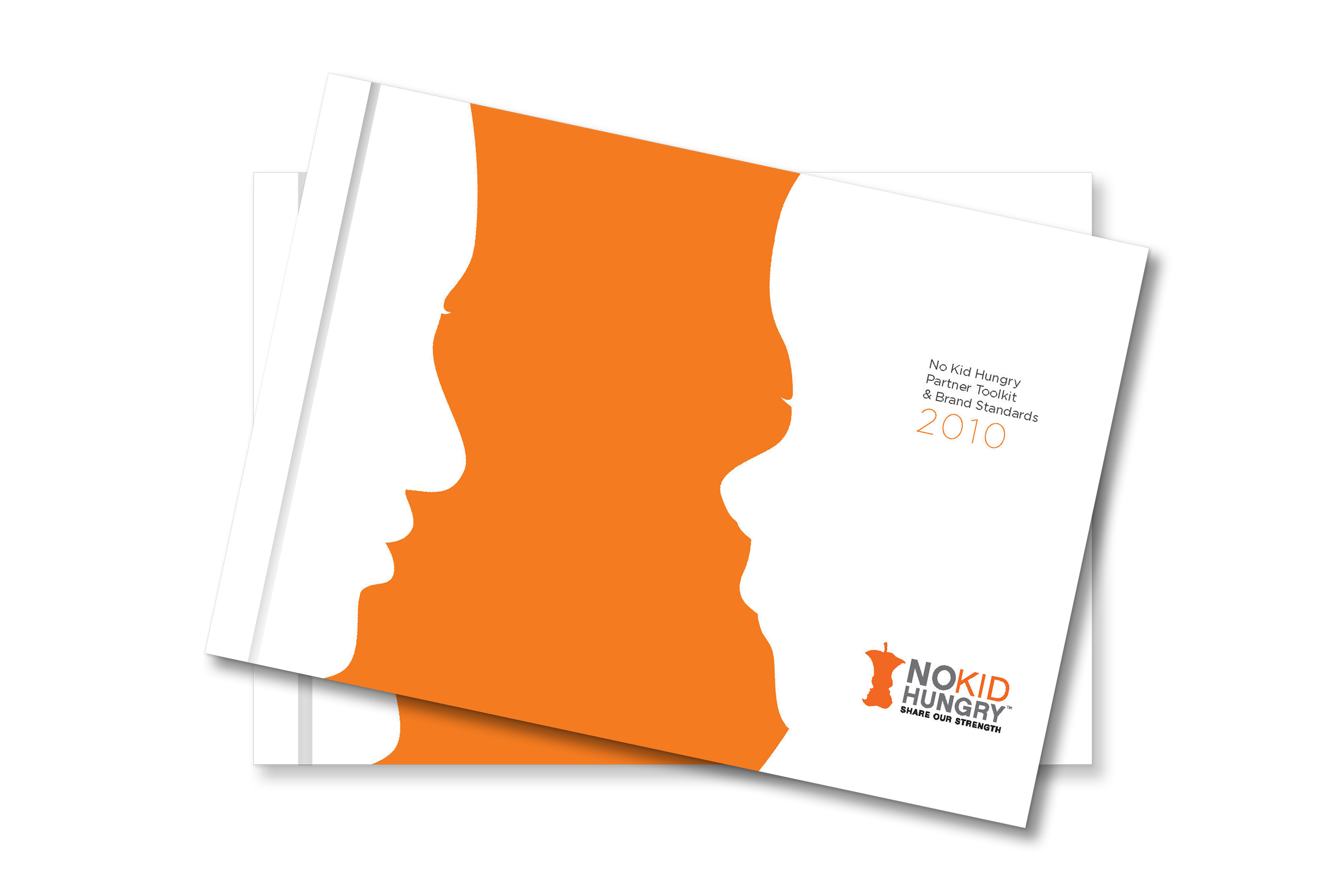 Brochure titled 'No Kid Hungry Partner Toolkit & Brand Standards 2010' featuring orange silhouettes of children's faces.