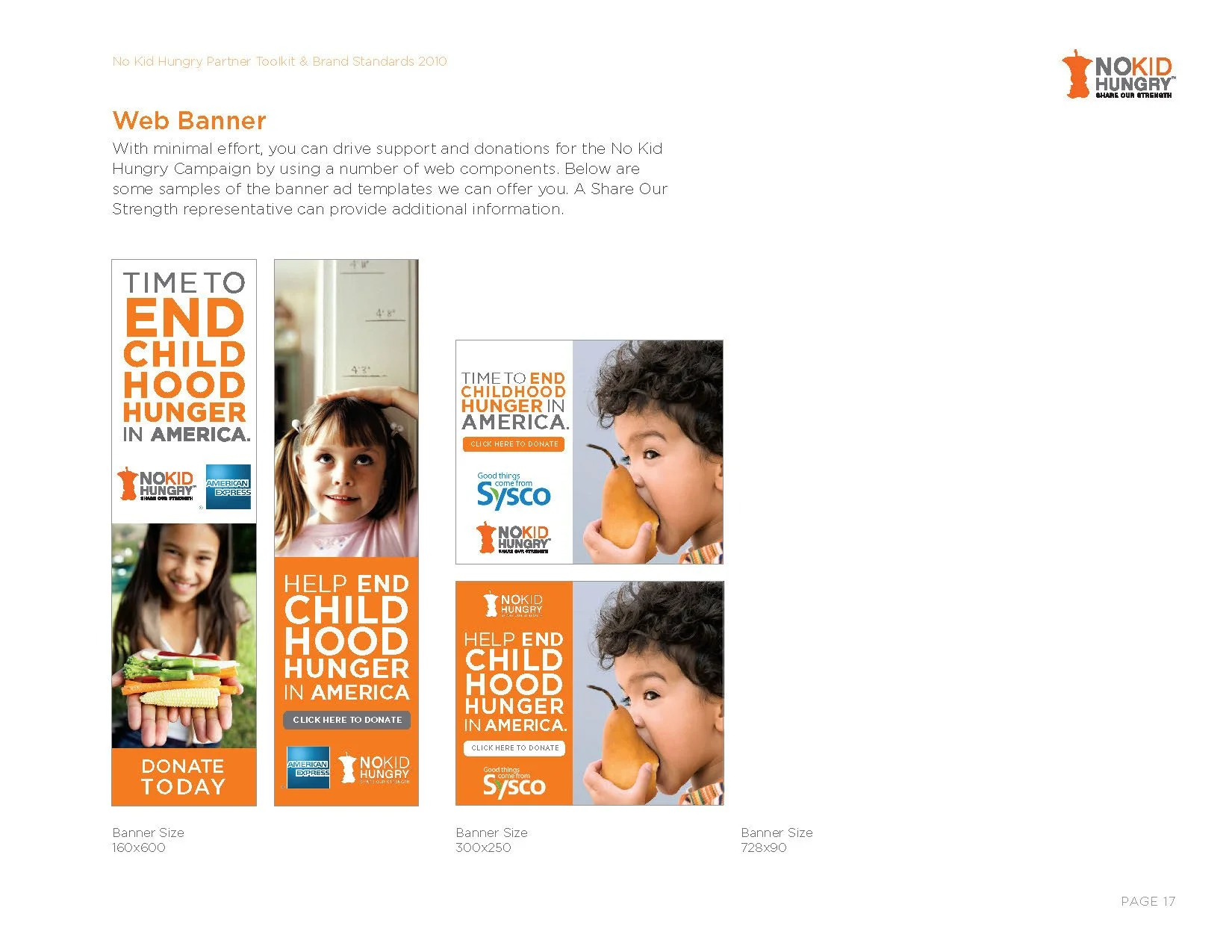 Sample web banners supporting the No Kid Hungry campaign, featuring children and campaign messages to help end childhood hunger in America, with logos of American Express and Sysco.