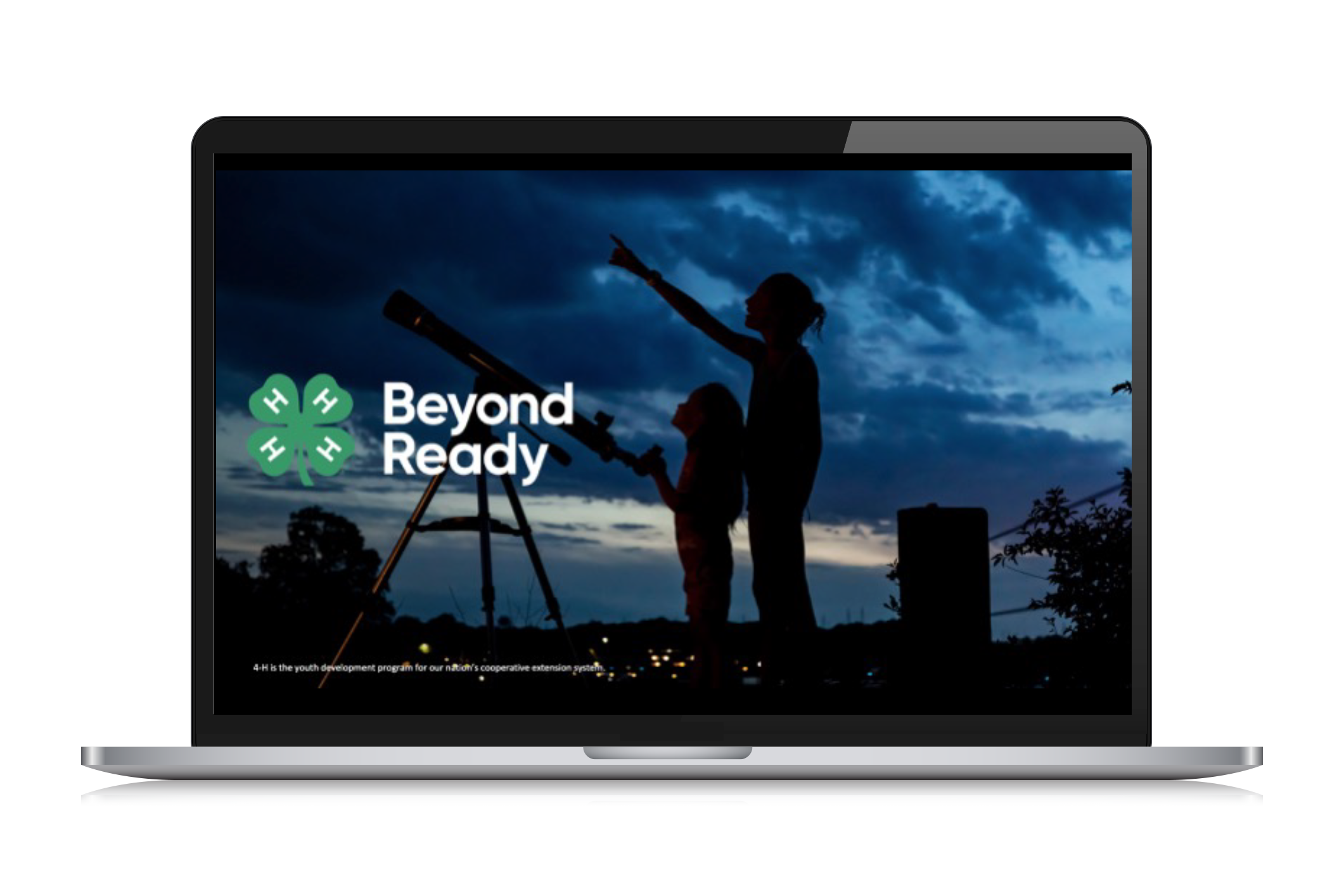 Silhouettes of children looking at the night sky through telescopes, with a cloudy sky and a few lights in the background, promoting a youth development program.