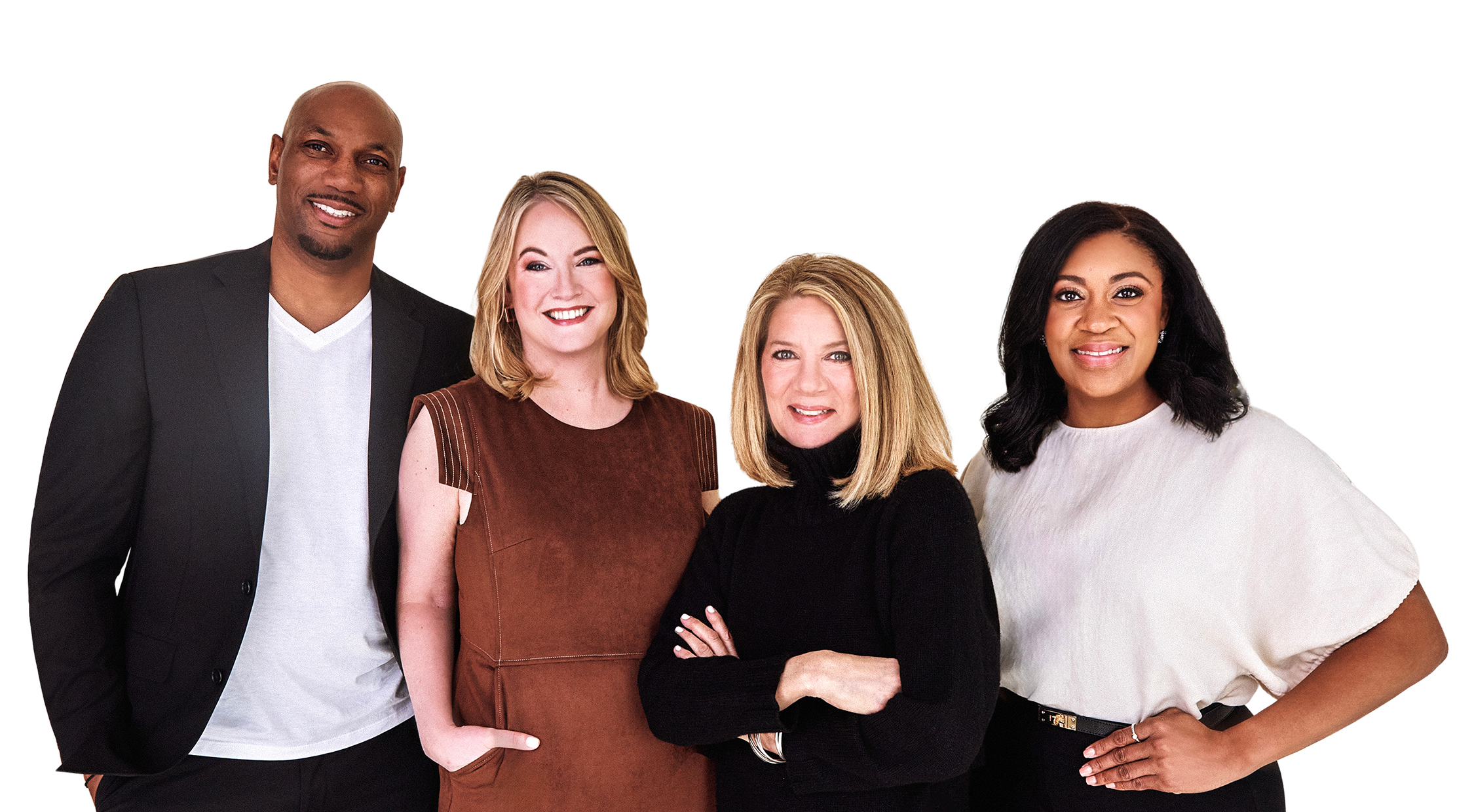 Group of four diverse individuals standing together, smiling, against a dark background.