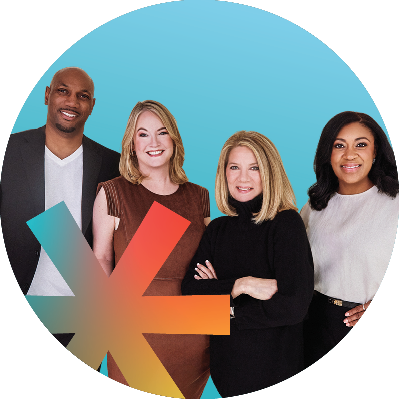 Four diverse professionals smiling in front of a blue background, with a colorful abstract shape in the foreground.