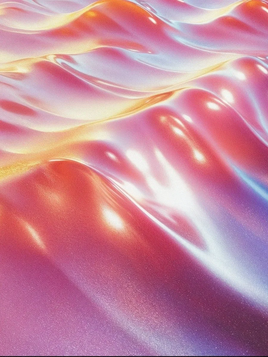 Close-up of a colorful, glossy, wavy surface with a pearlescent sheen in pink, purple, and gold tones.