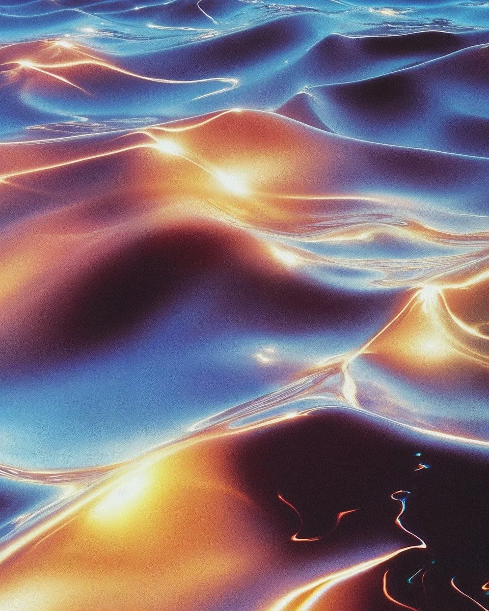 Abstract digital artwork resembling flowing metallic fabric with colorful highlights of blue, gold, and purple.