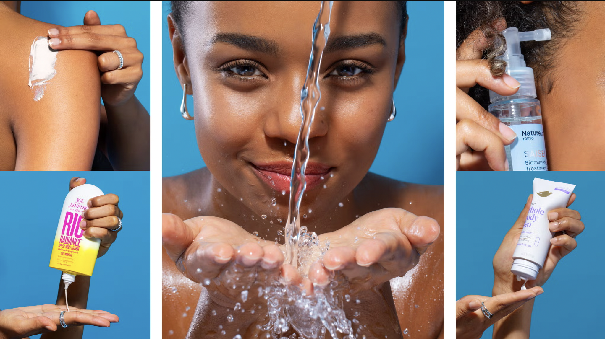 A collage of five close-up photos featuring a woman applying skincare products and water. The center photo shows her smiling with water splashing on her face and hands. Top left shows her applying cream on her shoulder, top right shows her spraying a skincare product on her face, bottom left shows her holding a lotion bottle, and bottom right shows her squeezing a tube of cream.