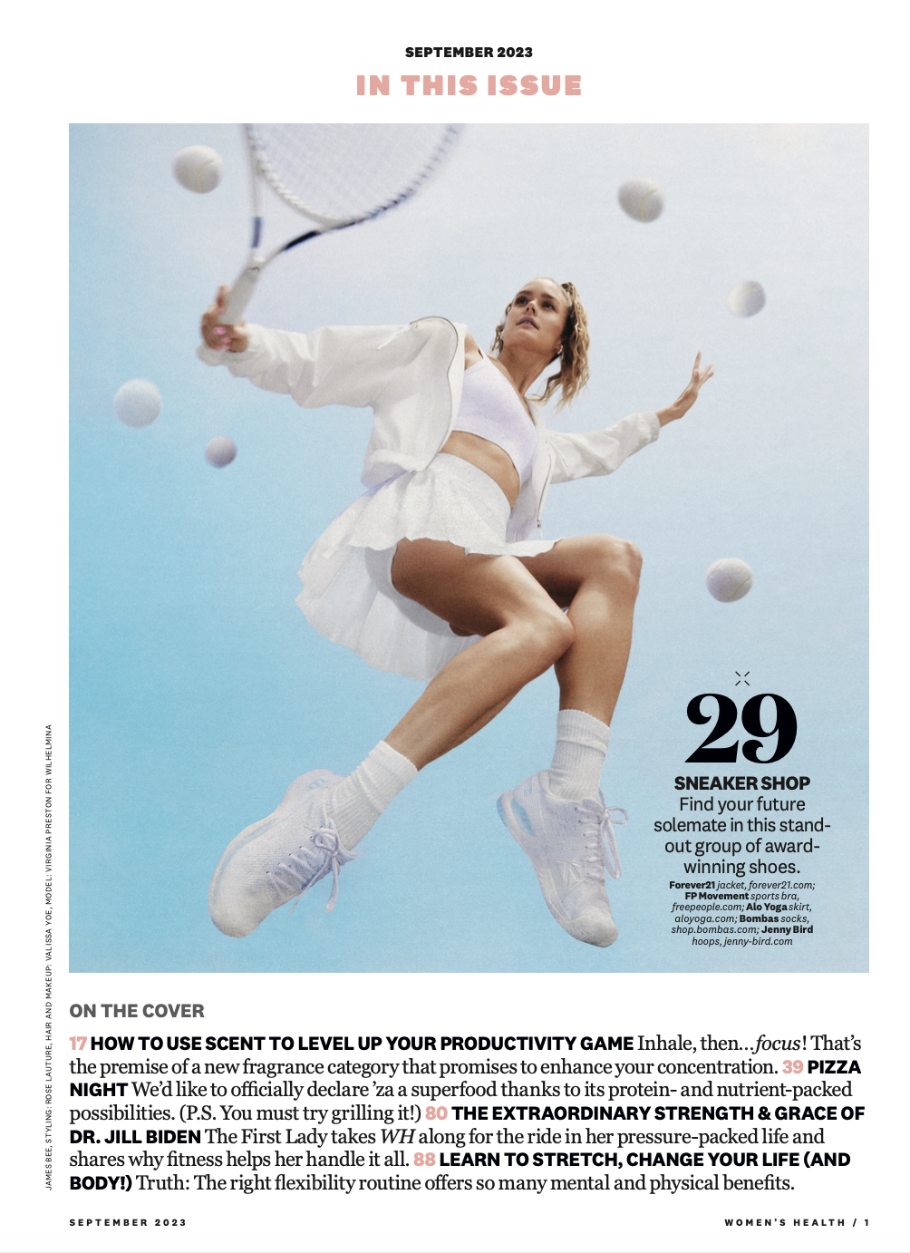 A woman playing tennis outdoors, jumping mid-air with a tennis racket, surrounded by tennis balls against a blue sky.