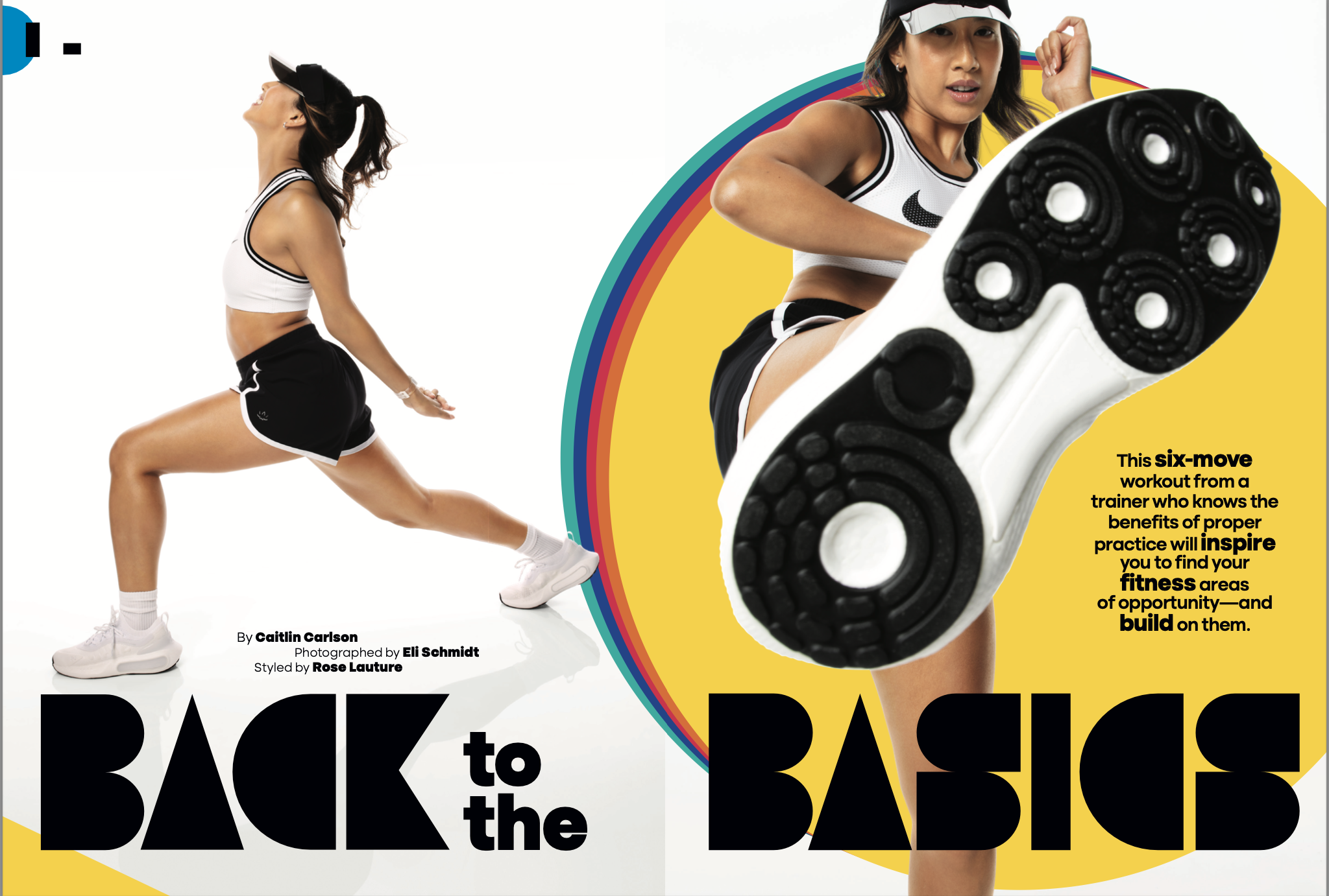 A woman in athletic gear performing a lunge exercise on the left and a close-up of a woman kicking towards the camera on the right, with colorful rainbow accents and text about fitness and workout tips.