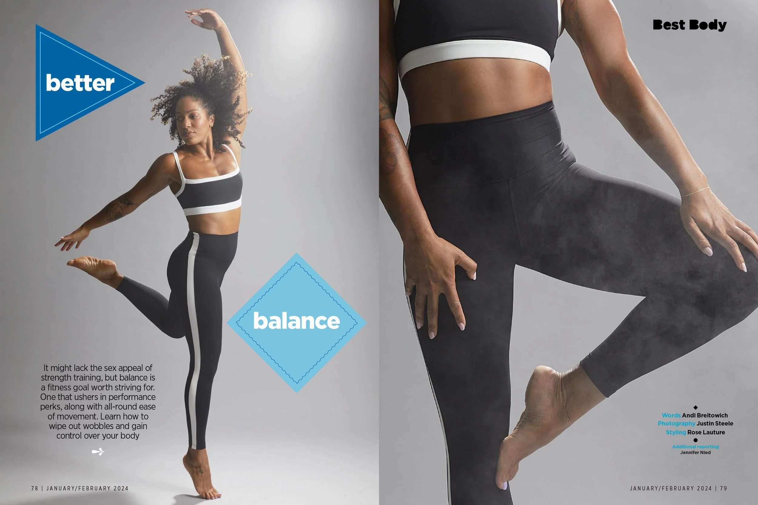 A woman in athletic clothing performing a dance or yoga pose, with the words 'better', 'balance', and 'Best Body' on the page. The image is part of a fitness magazine spread.