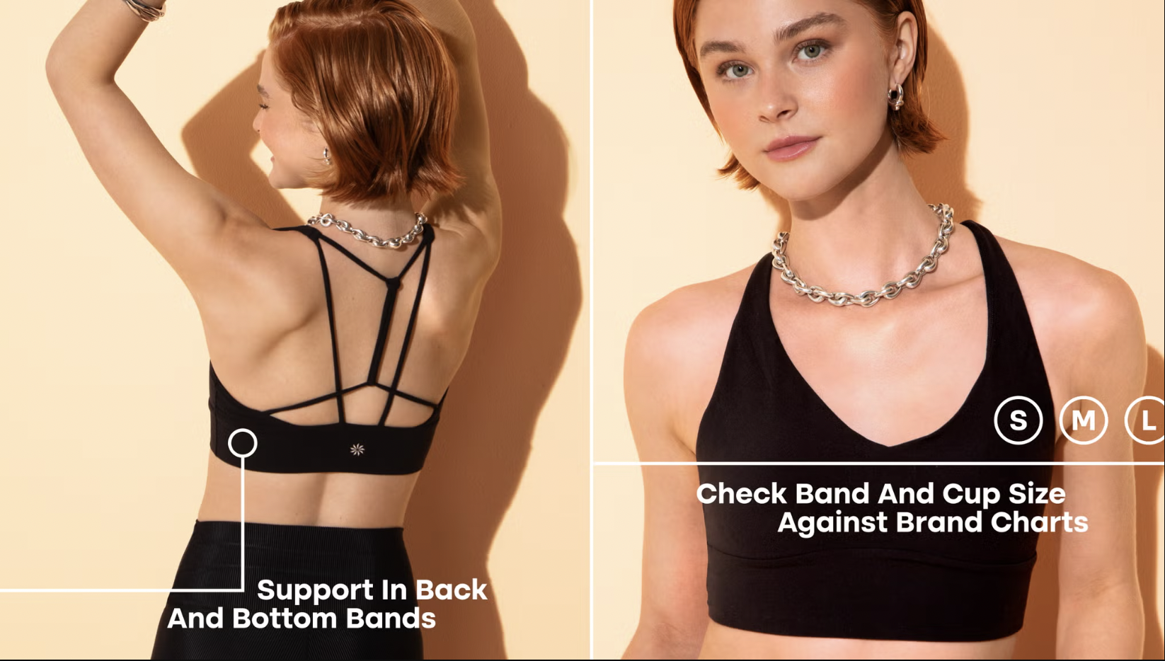 Front and back views of a woman wearing a black sports bra with support features and a silver chain necklace, set against a beige background. The front view shows her face and the bra, while the back view highlights the support straps and band of the bra, with text overlay about checking band and cup size against brand charts.