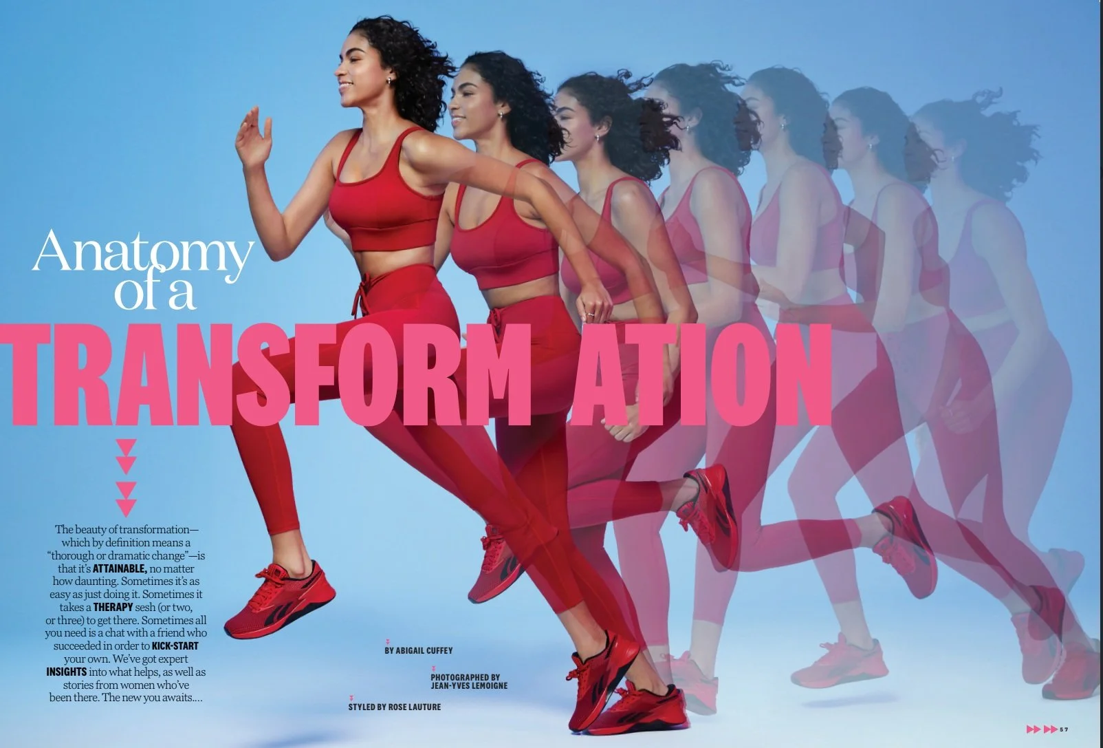 A woman in red workout attire jumping in front of a gradient blue background with multiple overlapping images of herself, creating a motion effect. The text on the image reads 'Anatomy of a Transformation' with additional smaller text describing transformation and health related themes.