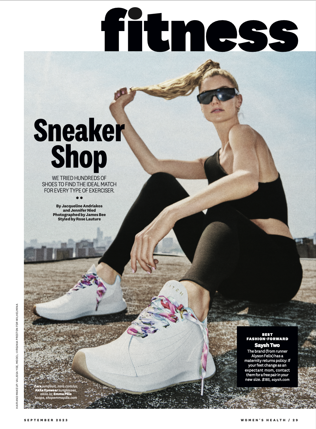 Magazine cover featuring a woman in athletic wear and sneakers, sitting on a rooftop with a city skyline in the background, promoting a sneaker shop.