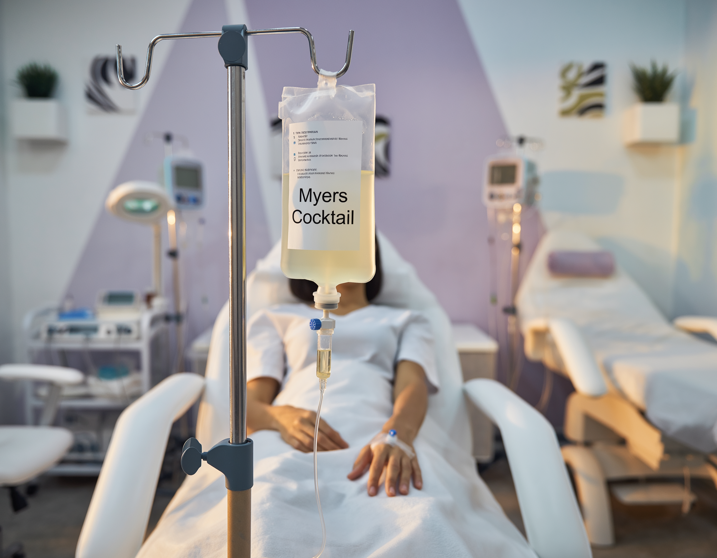 Hospital patient lying in bed connected to an IV drip labeled "Myers Cocktail" in a medical room with hospital equipment and a human figure in the background.
