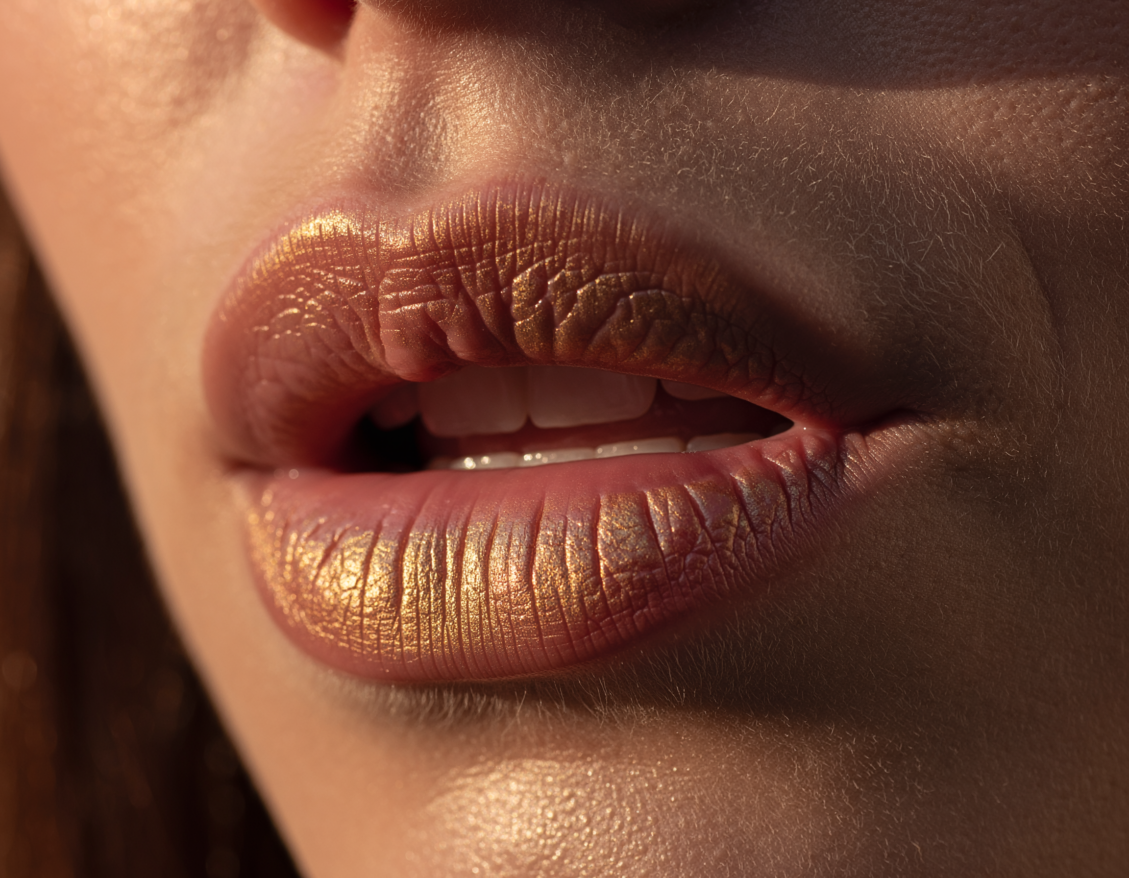 Close-up of a person's lips with metallic gold lipstick, slightly parted showing white teeth, skin with a warm tone, and subtle facial details.
