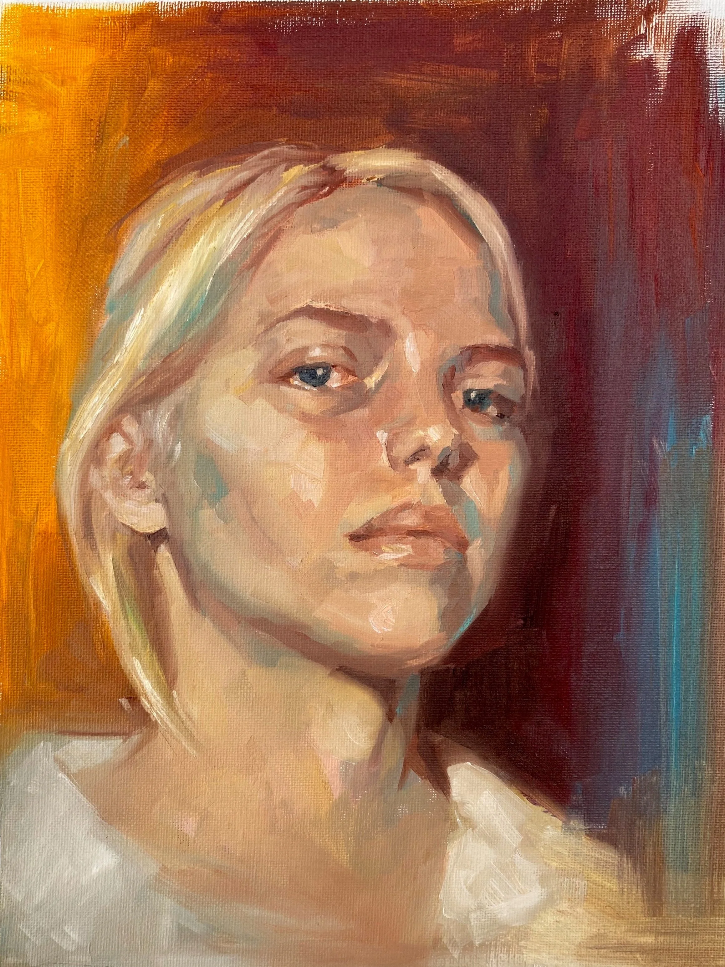 alla-prima self-portrait with indian yellow, naples yellow, indian red, and phthalo turqoise, oil on canvas, 2020