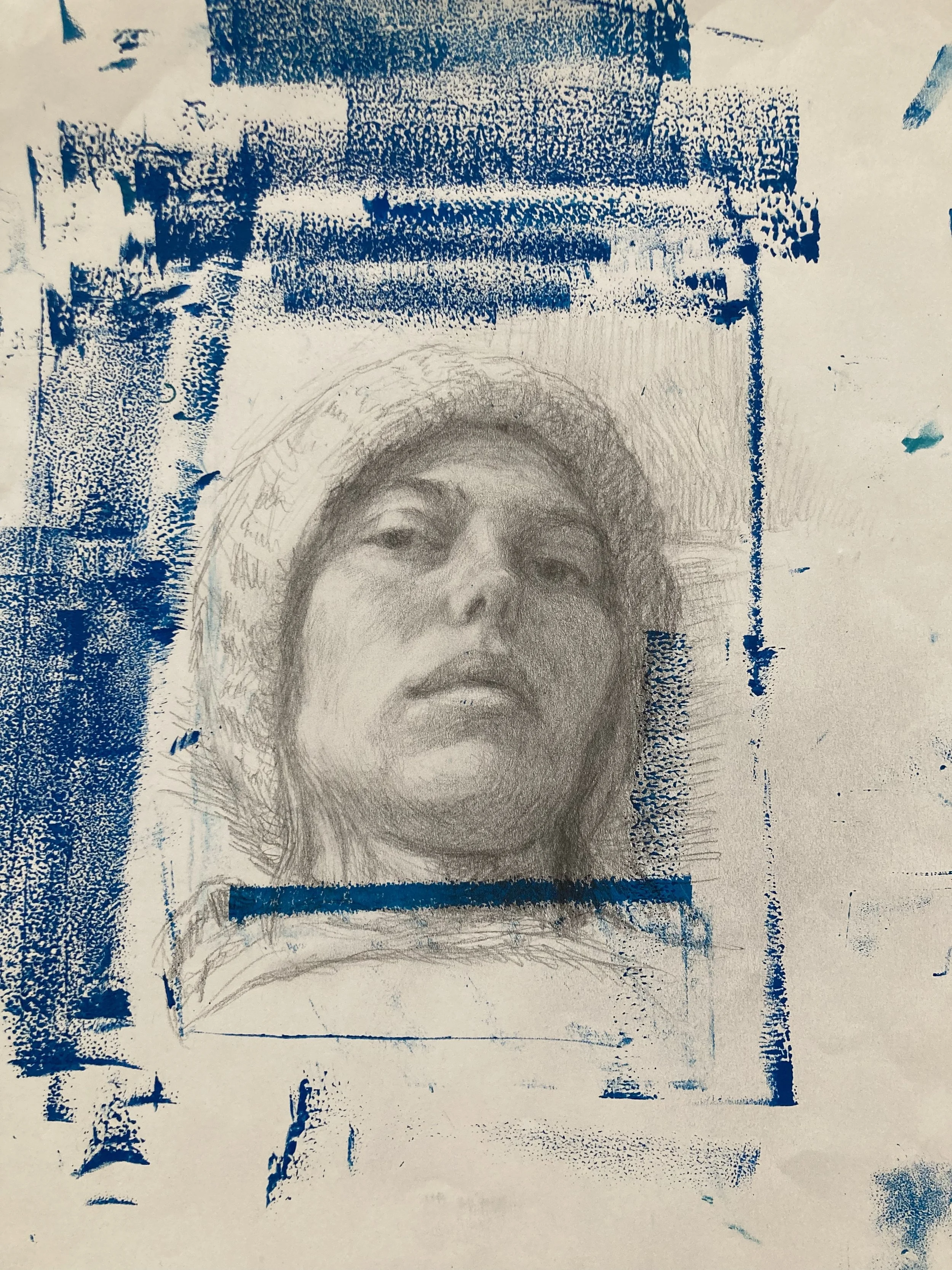 self-portrait sick in bed, graphite and ink on paper, 2024