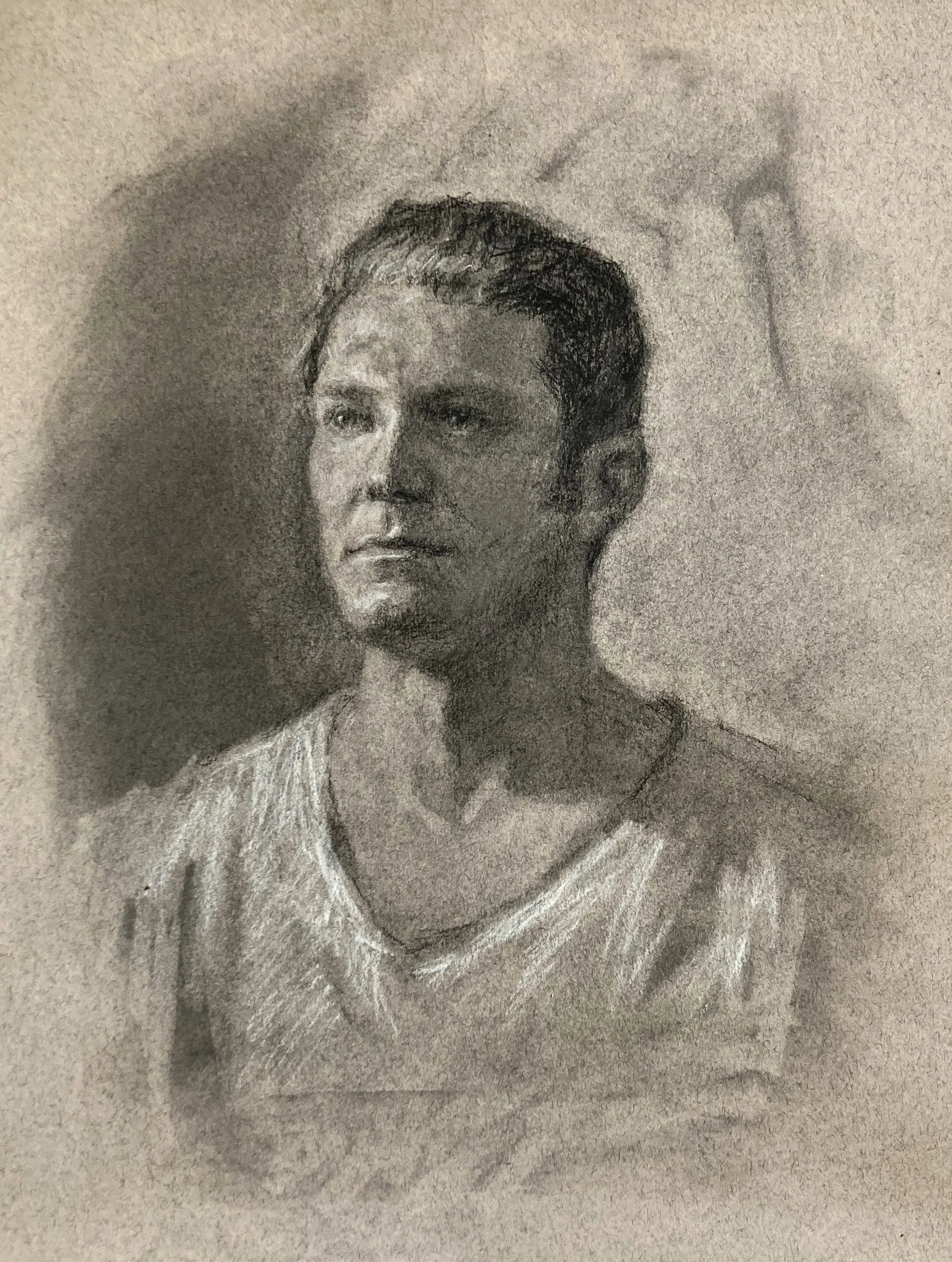 hunter, charcoal and white conte on toned paper, 2022