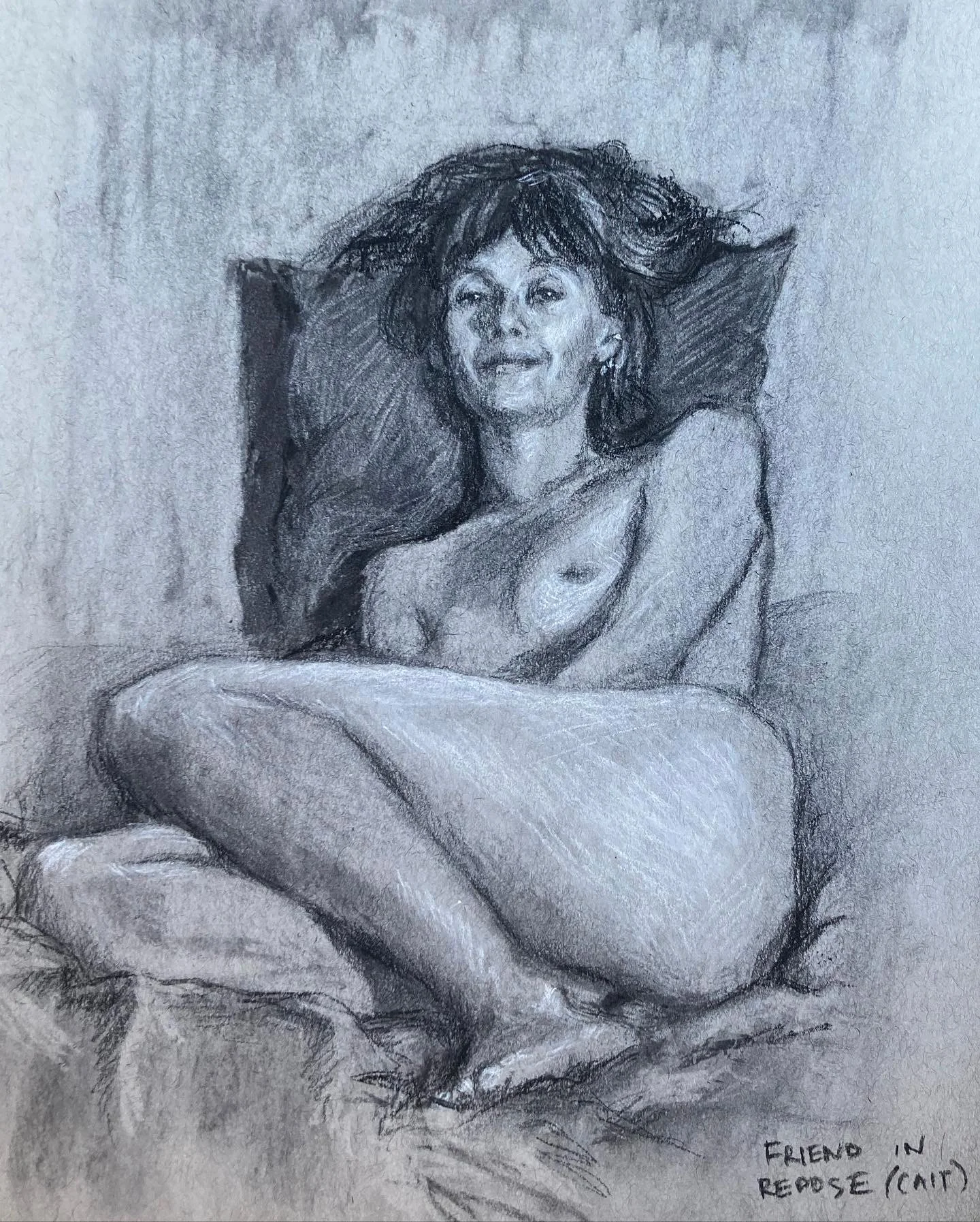 friend in repose, charcoal and white pencil on toned sketch paper, 2024