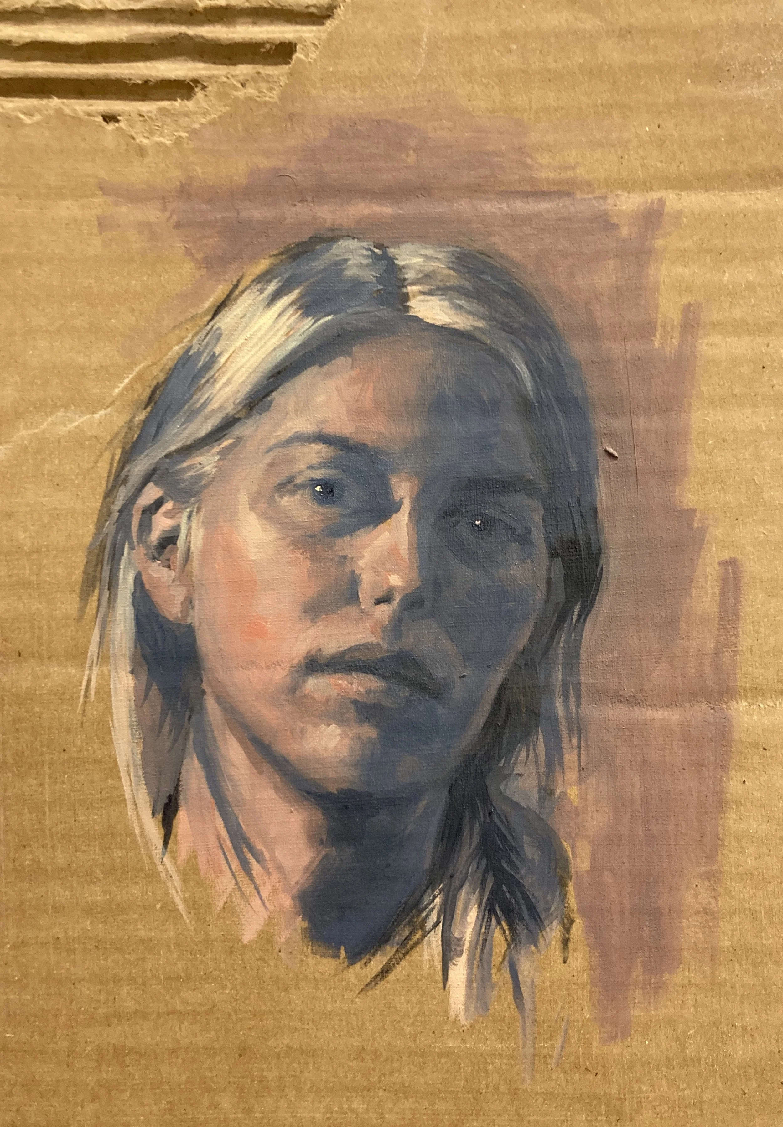 self-portrait, oil on primed cardboard, 2025