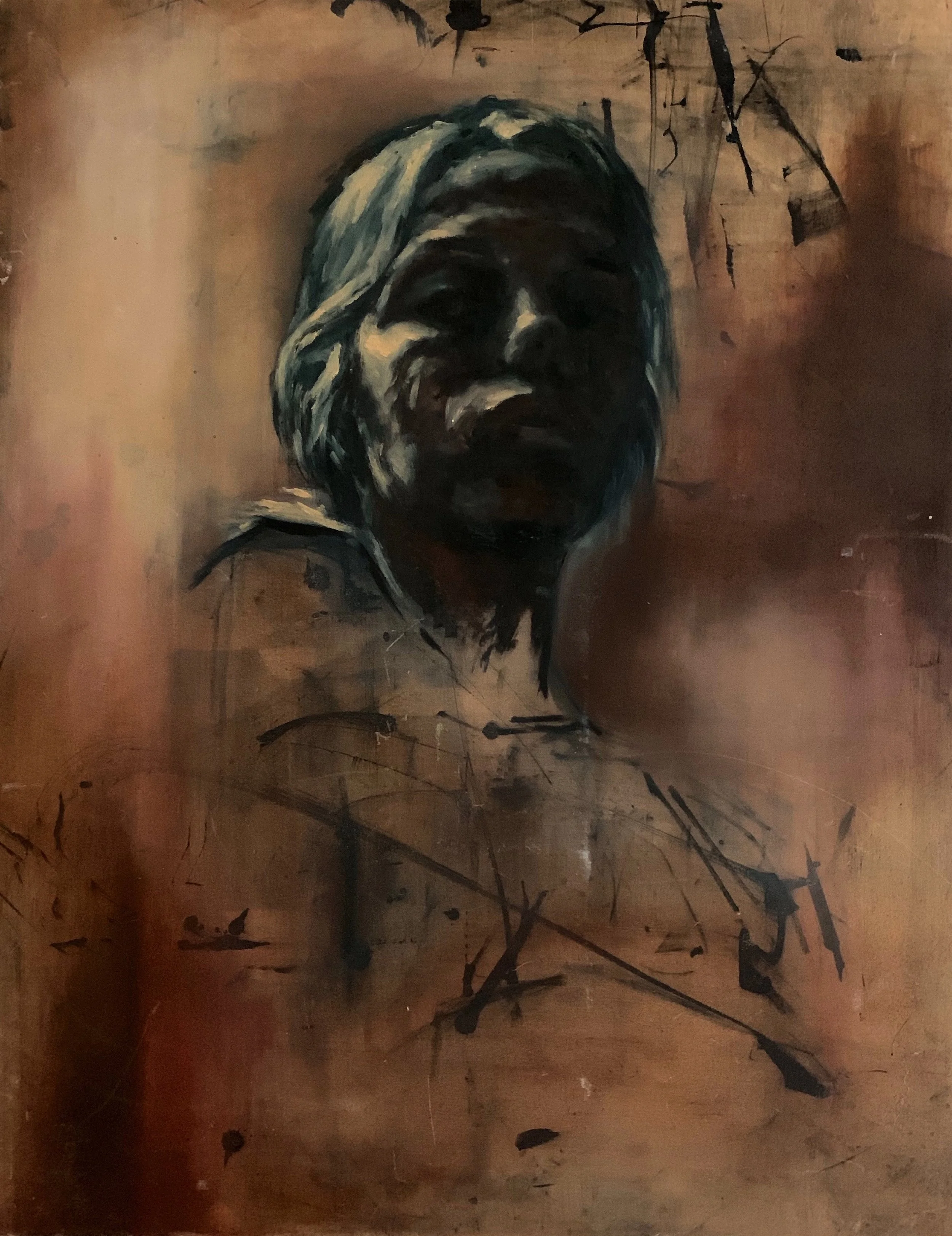 self-portrait on found board, oil on wood, 2015