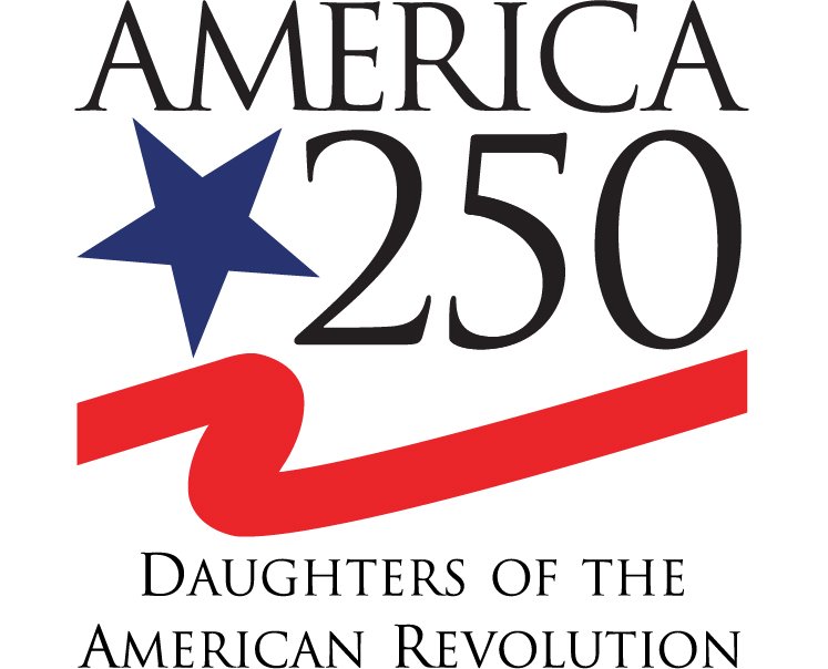 Logo celebrating the 250th anniversary of America with a blue star, red arrow, and black text reading 'America 250 Daughters of the American Revolution'.