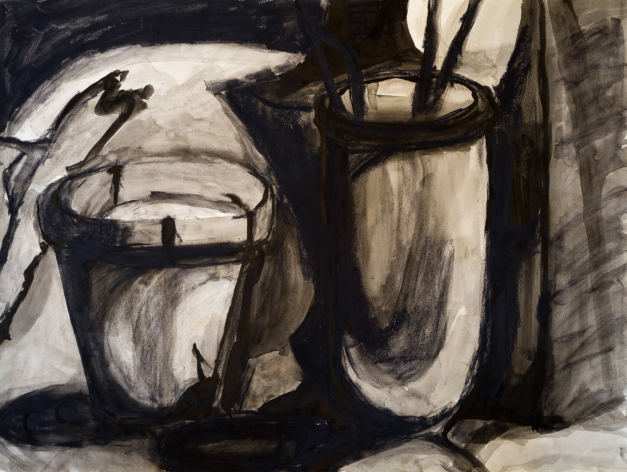 Charcoal and ink wash on drawing paper