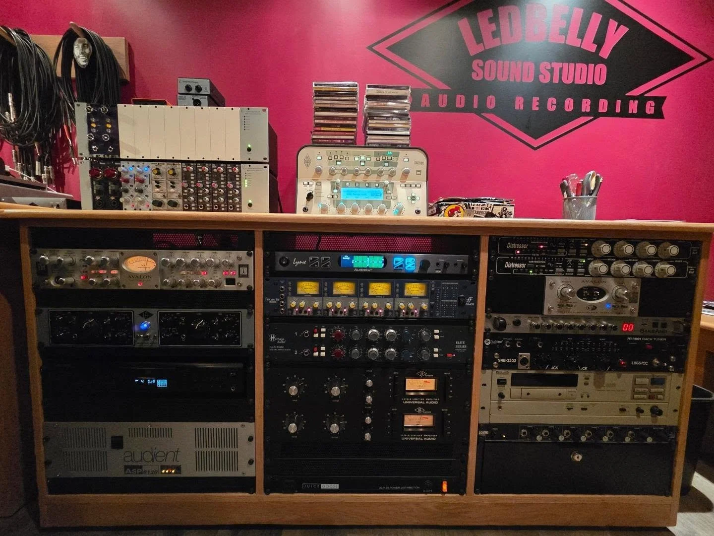 LedBelly Sound Studio rack (front and back) full of glorious mic preamps and compressors...and a few other things.