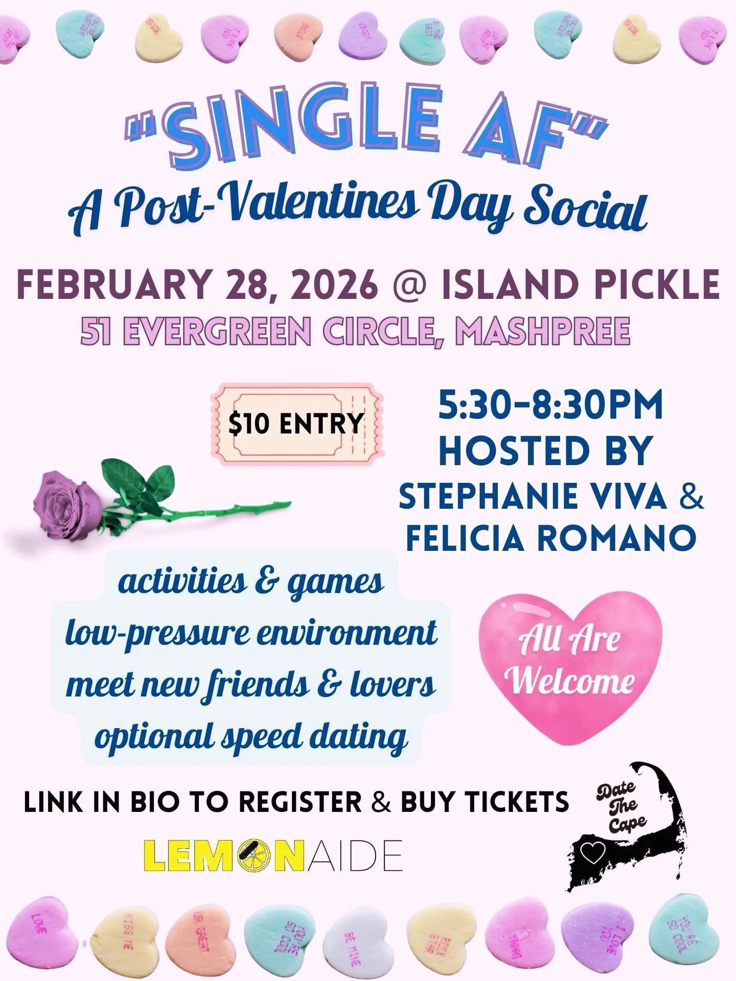 New Cape Cod singles event! On February 28th, join us for a night of low-pressure fun at Island Pickle in Mashpee! Fill out the Google form in bio to sign up and click the ticket link to purchase your $10 ticket in advance. Share with your single fri