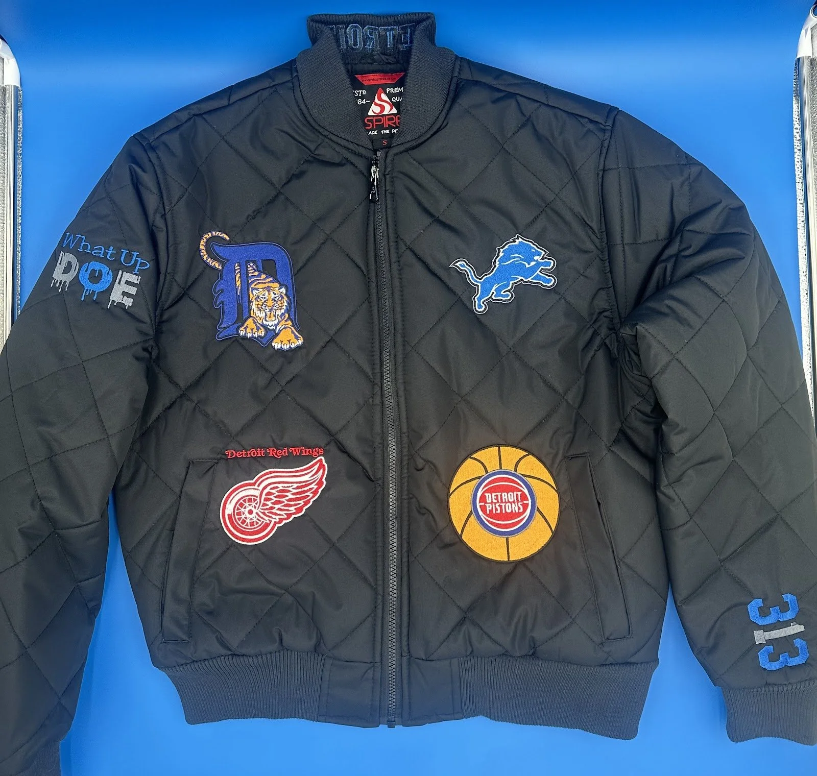 Black - Heavy Weighted Bomber Coat- 'Detroit teams Embroidered
