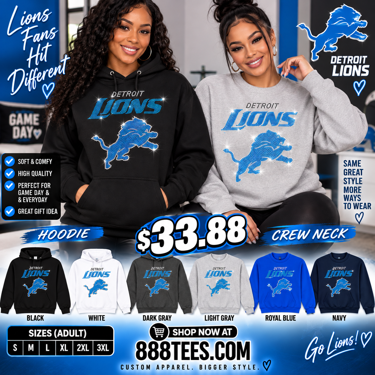 Detroit Lions Bling Spangle Hoodie or Crew Neck
