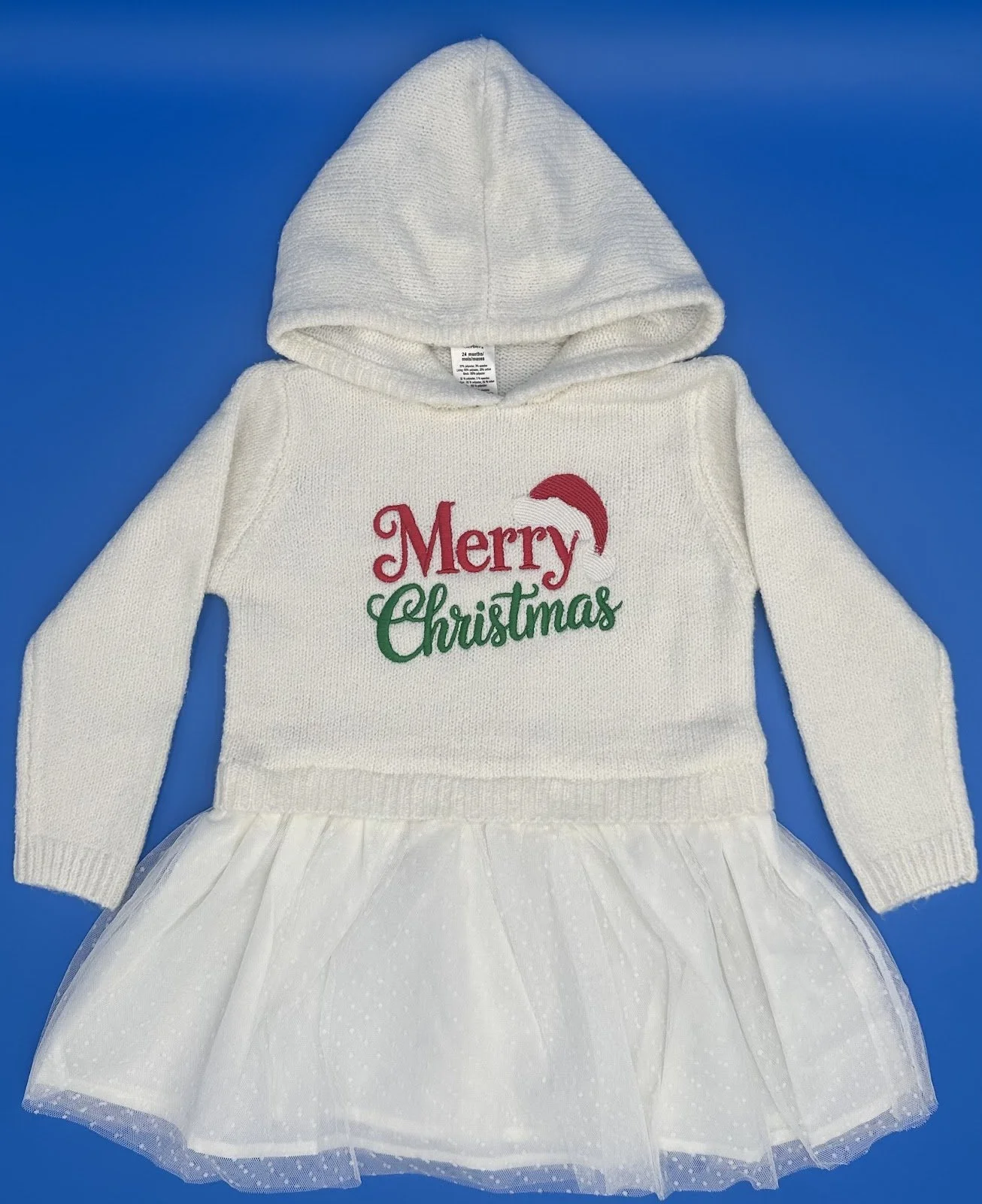 White - Sweater Dress with Tulle Skirt 'Merry Christmas' Embroidered