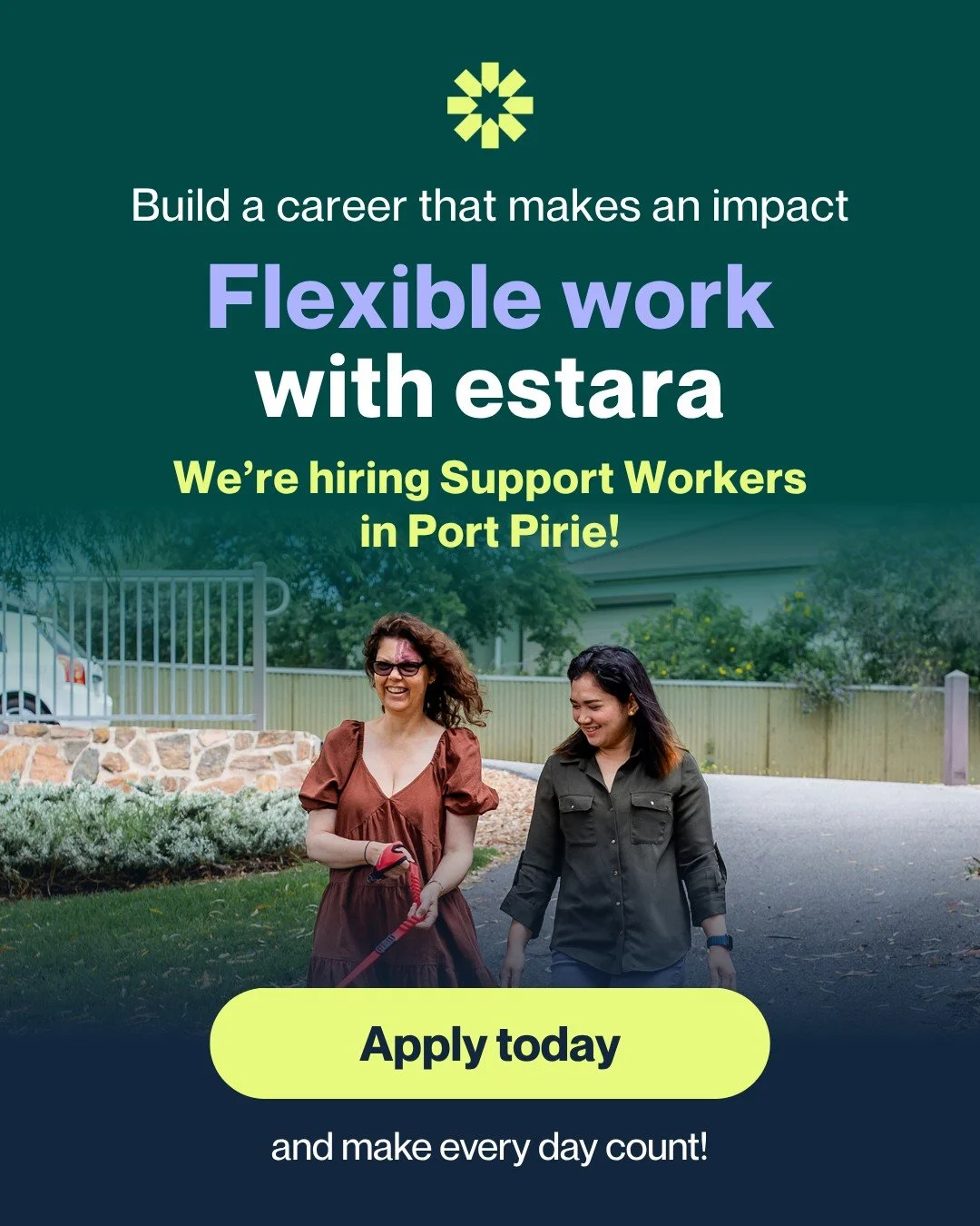 We're Hiring!

We're currently recruiting Disability Support Workers in Port Pirie.

We offer:

&bull; A range of employee benefits
&bull; Employee assistance program with ACCESS Programs
&bull; Subsidised worker screening checks 
&bull; Training opp