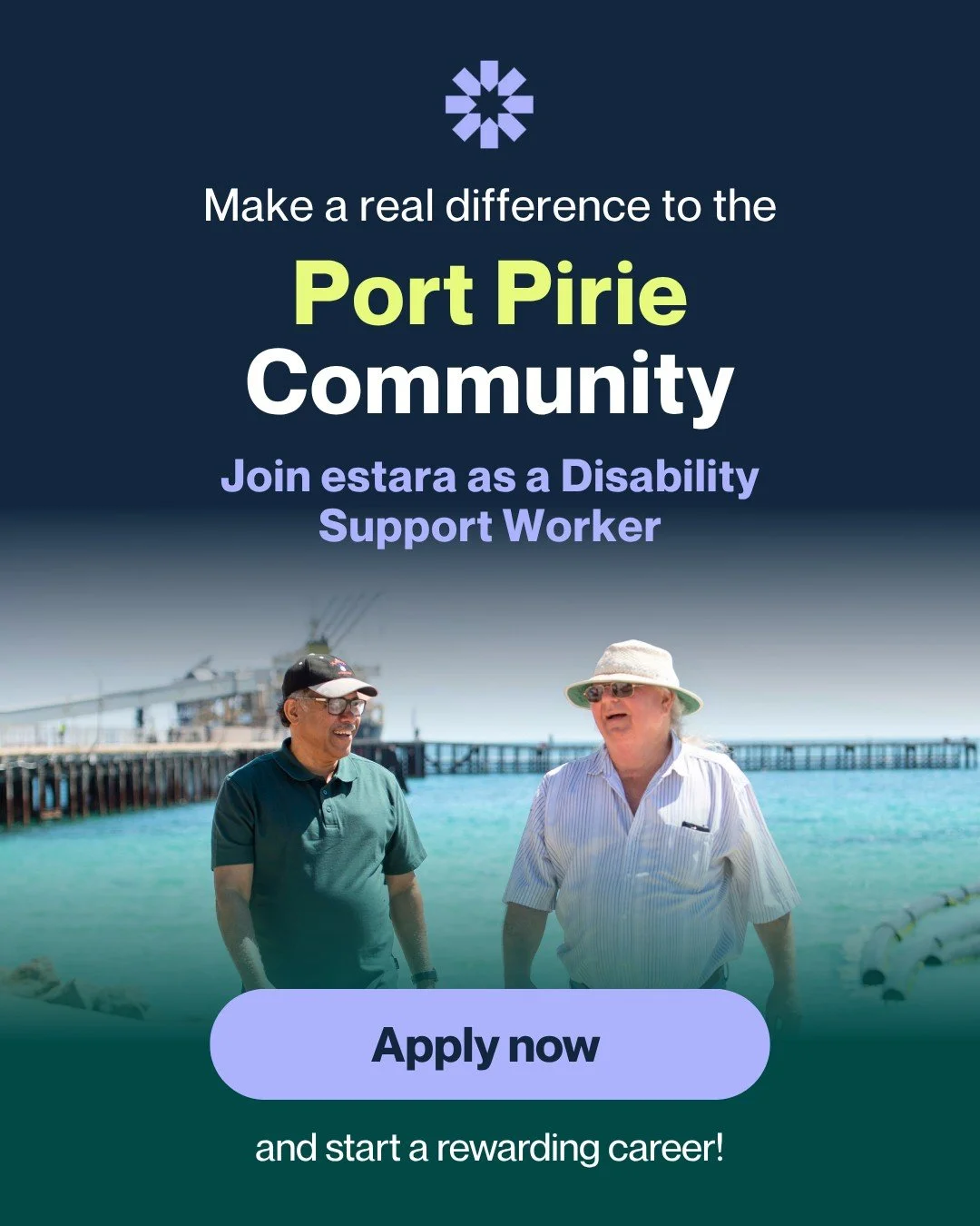 Live in Port Pirie and want to make a difference to your community?

We're now recruiting disability support workers.

We offer a range of benefits, flexible and hours and shifts and the opportunity to build a career with real impact!

Interested? Fi