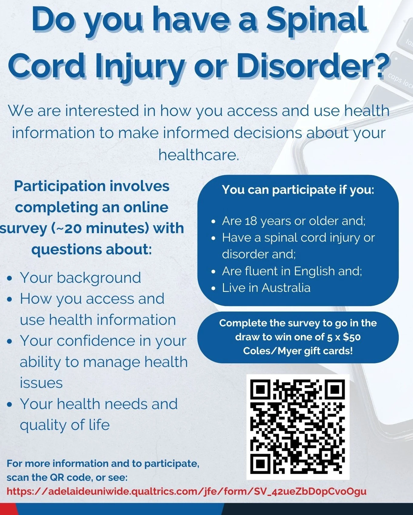 We're hosting a PhD student from Adelaide Uni, Georgie Edwards. Georgie is conducting research to better understand how Australians with a spinal cord injury access, understand and use health information and is inviting people to contribute to the re
