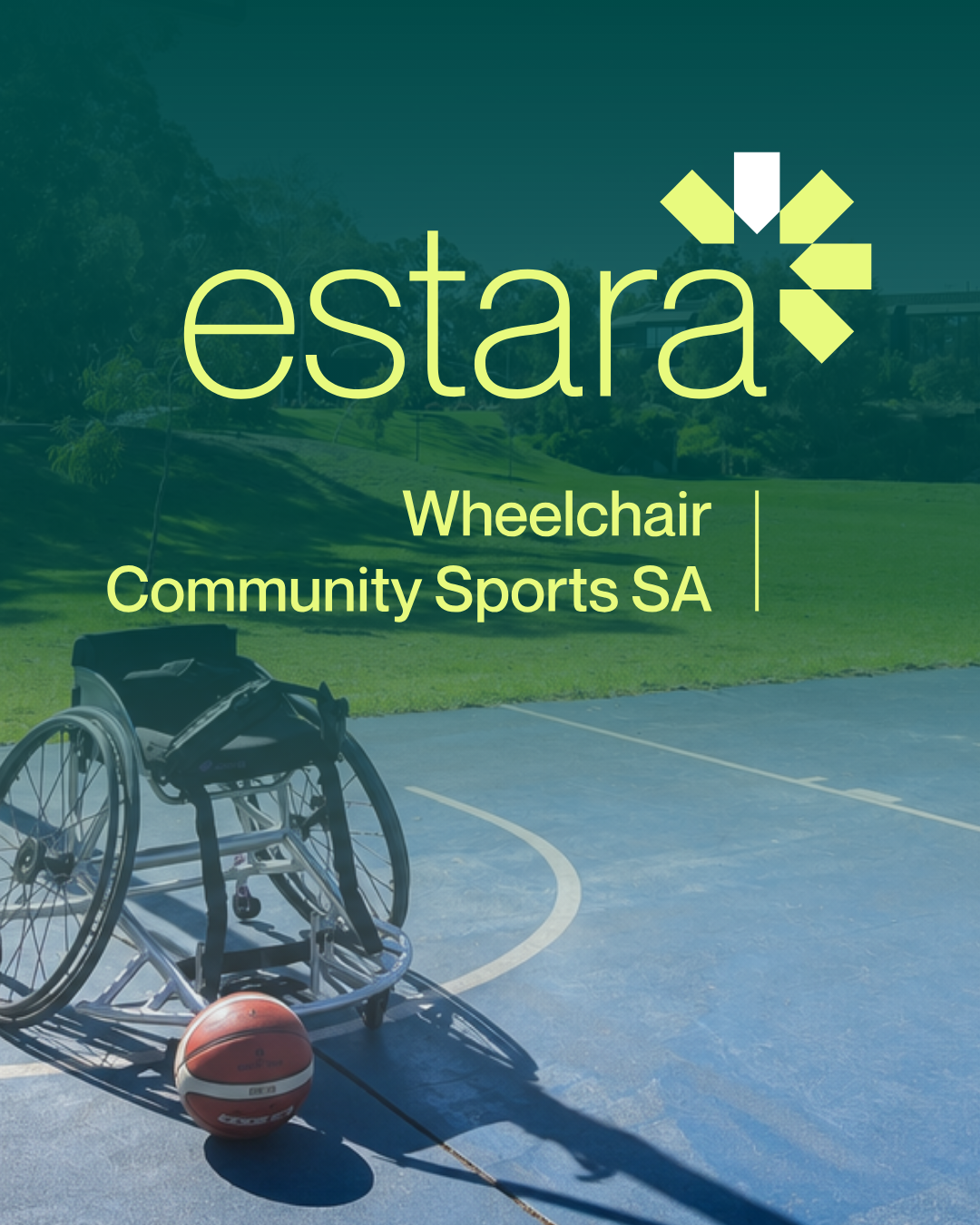 Sports Wheelchair on a court with Wheelchair Community Sports SA logo