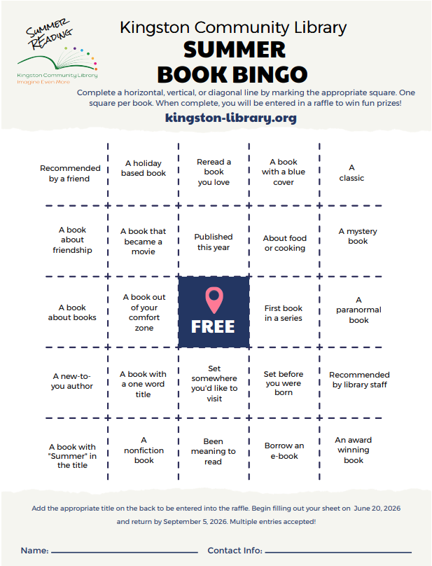 Summer Book Bingo card. Read or listen to stories this summer to win prizes. Come into the library to pick up a card.