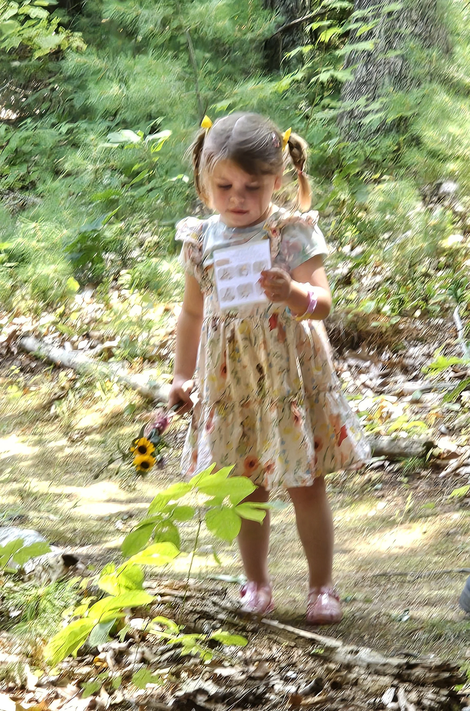 Image of girl in woods doing a library scavenger hunt