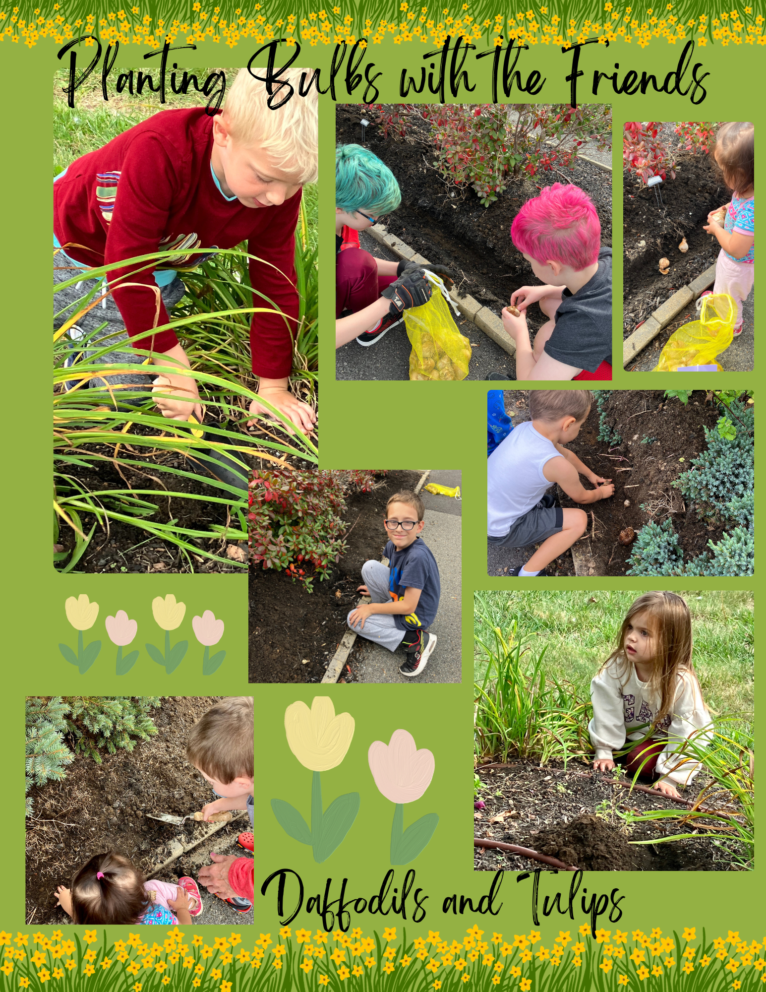 Collage of kids planting bulbs