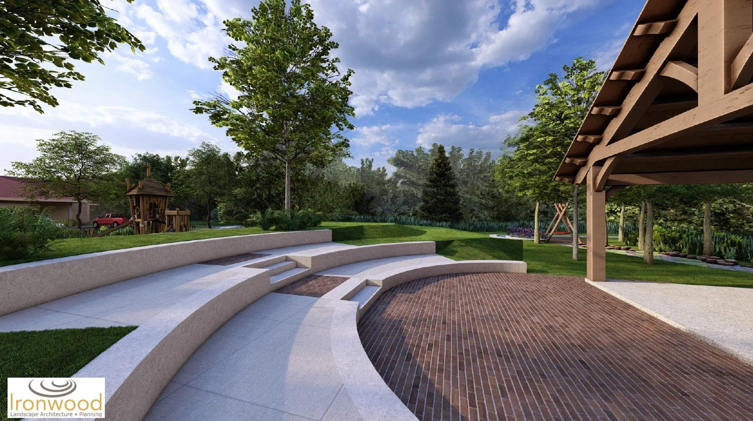 Rendered seating area of outdoor pavilion
