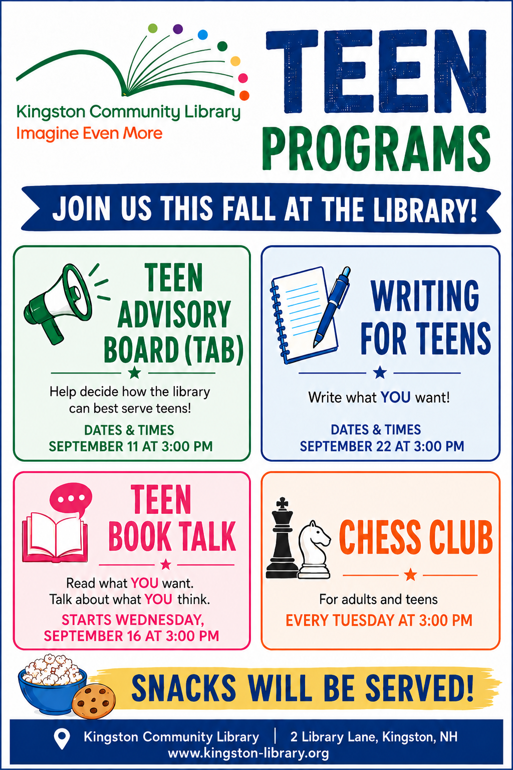 Teen programs including teen advisory board, writing for teens, teen book talk and chess club