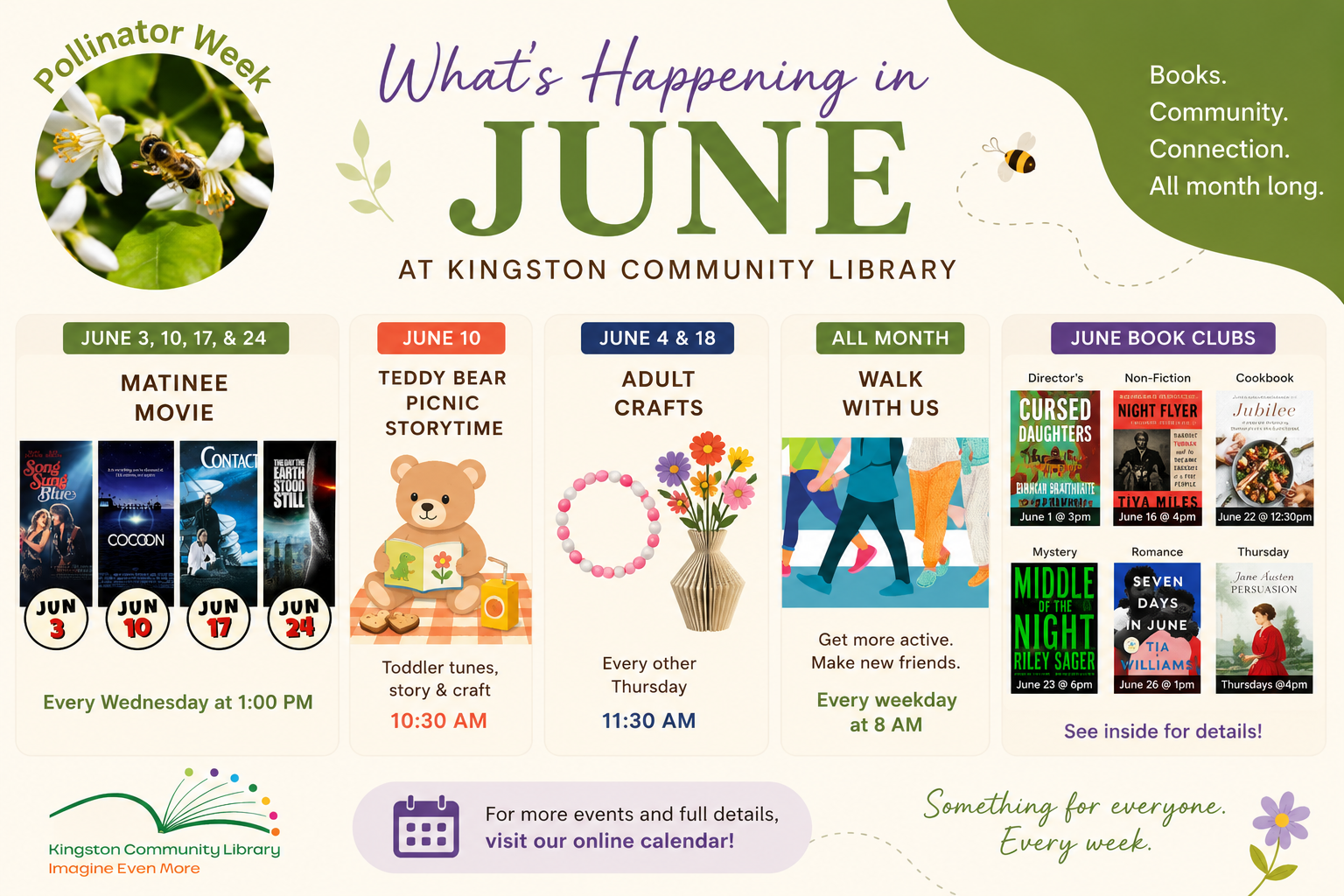 June special events including movies every Wednesday, book club, adults crafts June 4 and 18, Teddy Bear picnic June 10