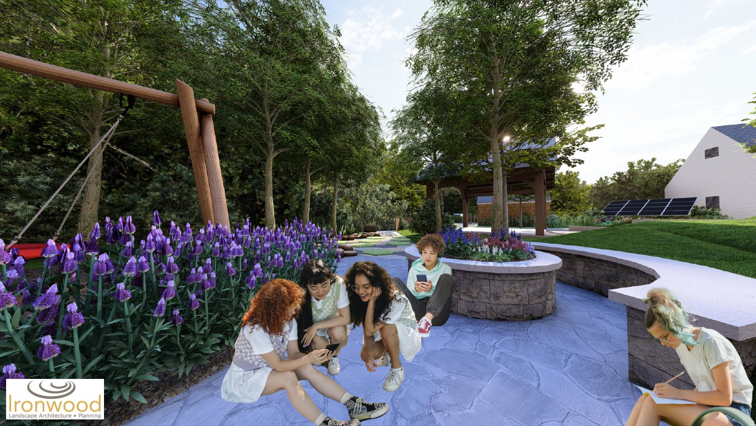 Rendered image of kids sitting near trailhead at KCL