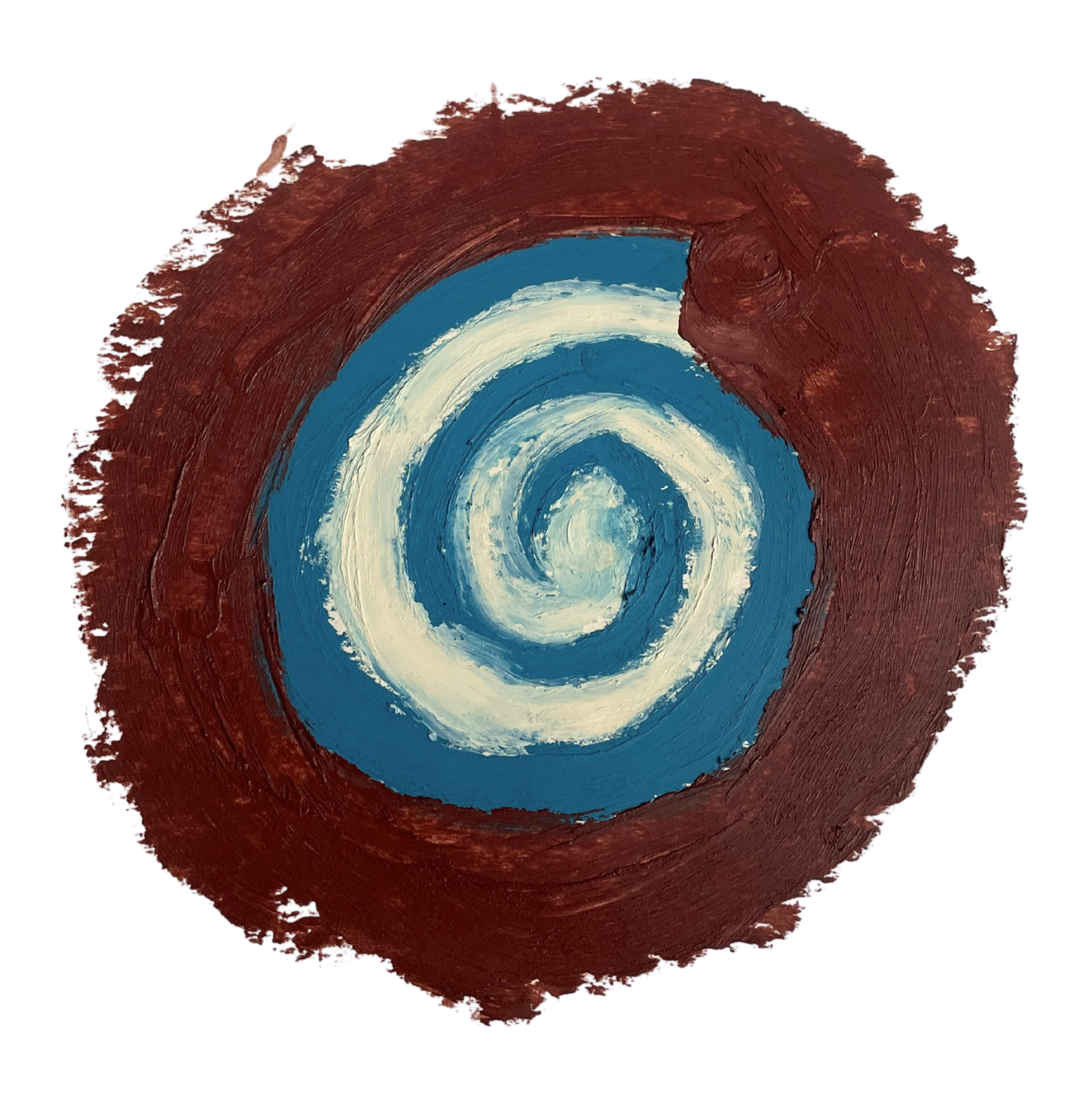 Abstract painting of a spiral with blue and white swirl in the center and brown background.