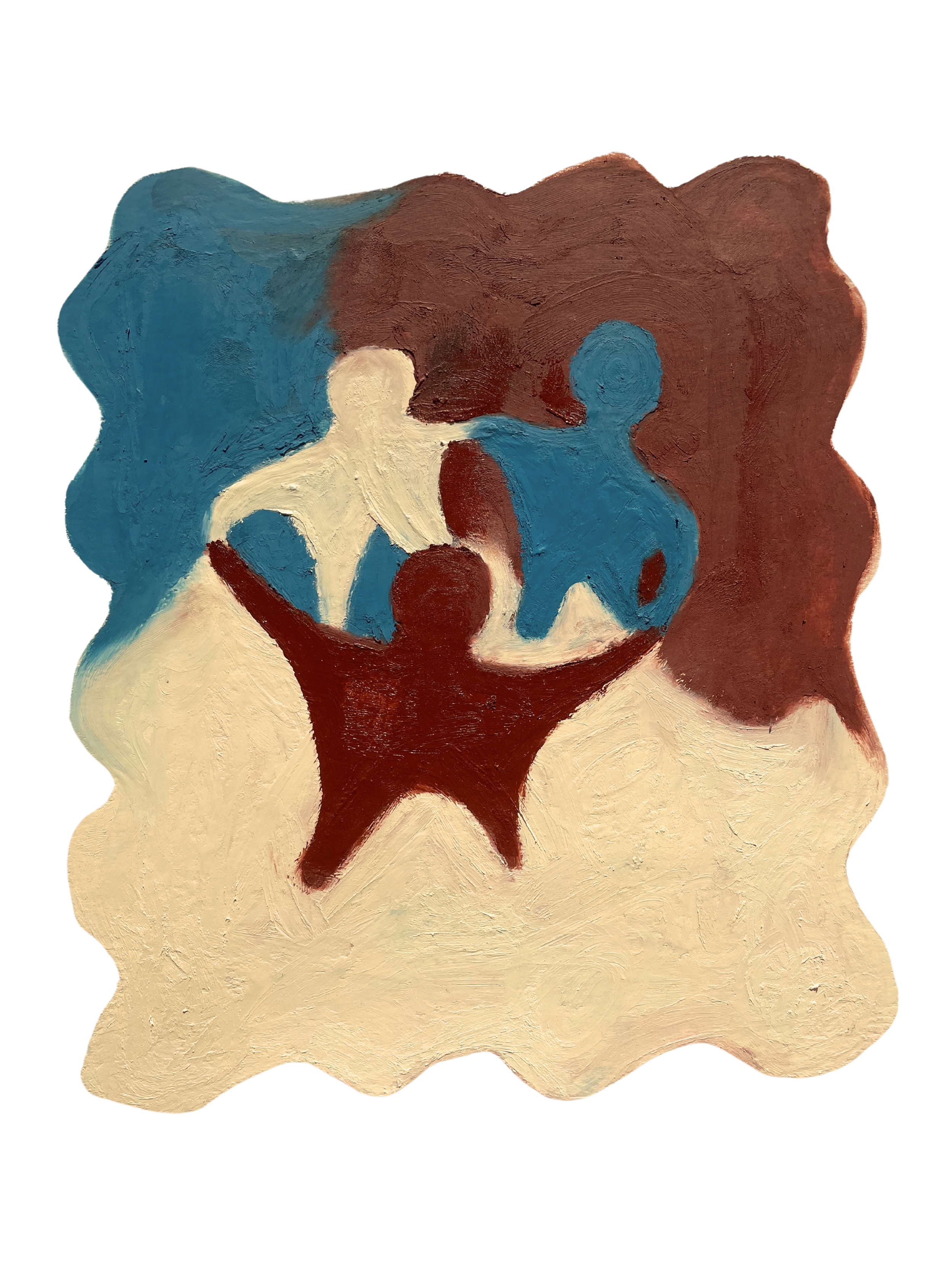 Abstract painting of three human figures in cream, brown, and blue, holding hands in a circle.