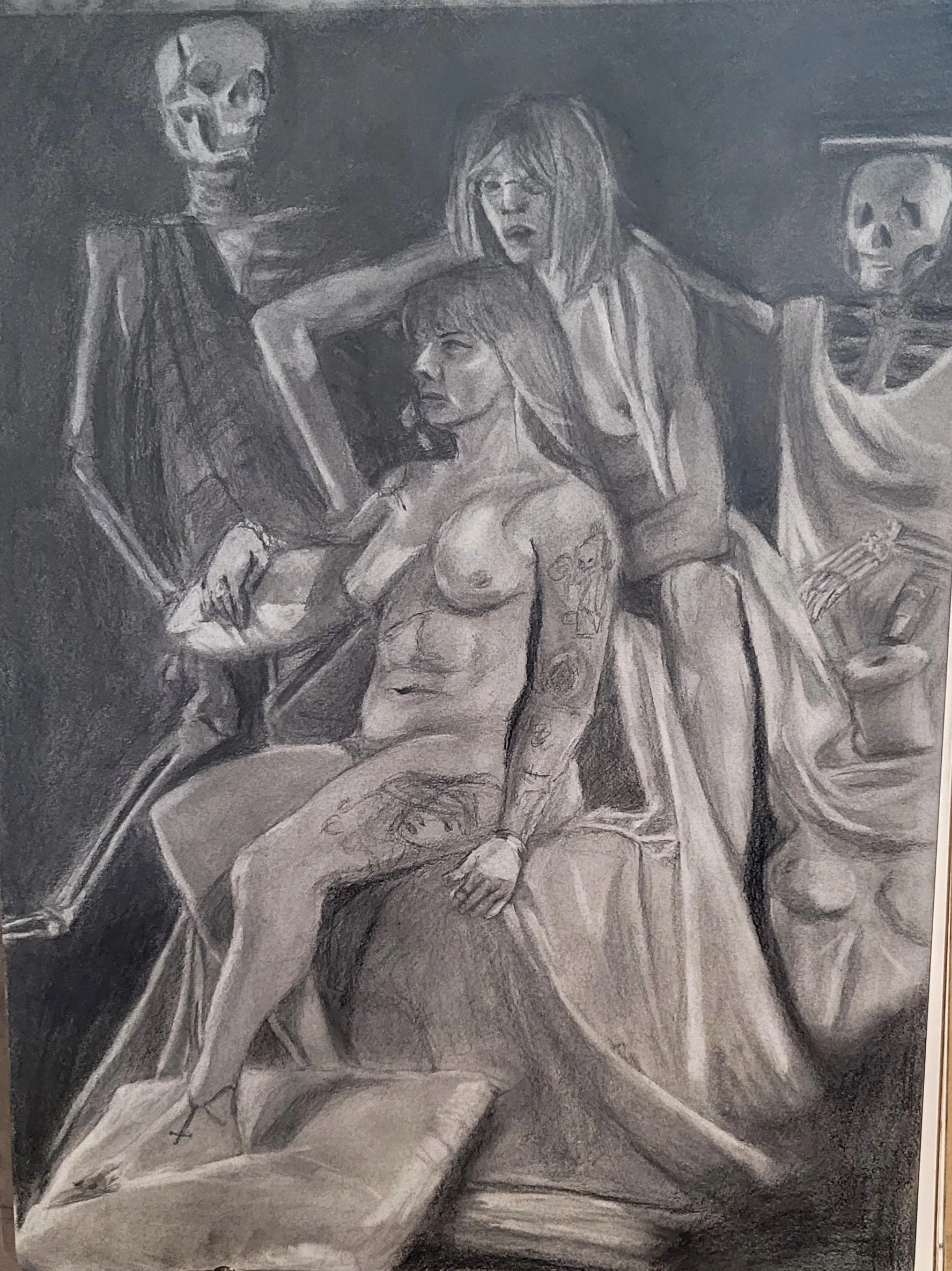Audience with the Skeleton Queen, 2025. Graphite on drawing paper, 18 x 24 in.