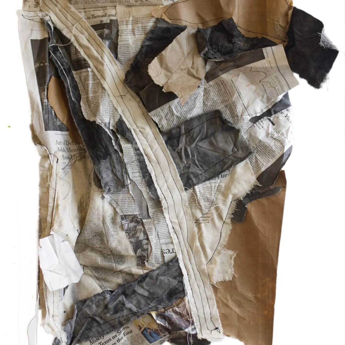 Threads that Bind Us 2 &bull; 2026 &bull; 18 x 24 &bull; newspaper, canvas, thread, packing paper