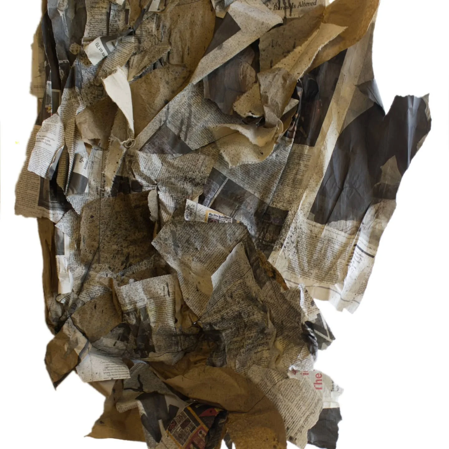 Threads that Bind Us 1 &bull; 2026 &bull; 18 x 25 &bull; newspaper, thread, acrylic paint, canvas, packing paper