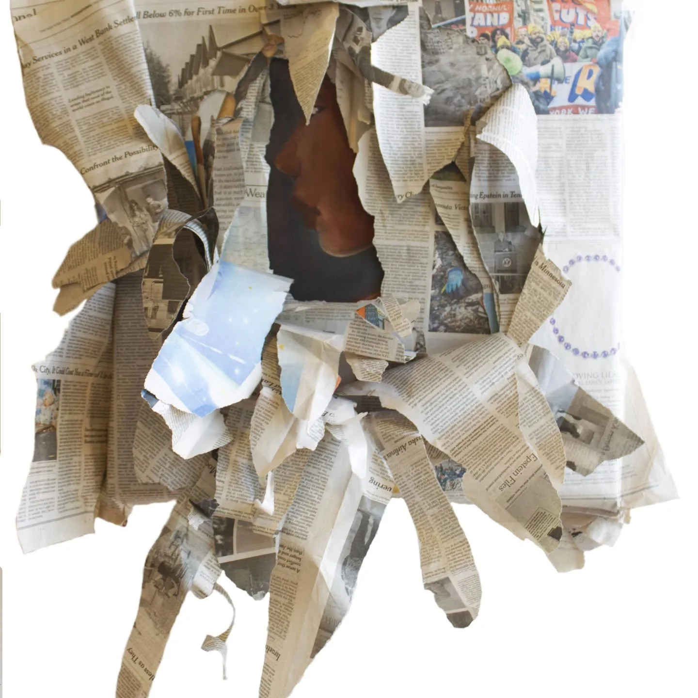 Cover story &bull; 2026 &bull; 20 x 20 &bull; oil on canvas, newspaper