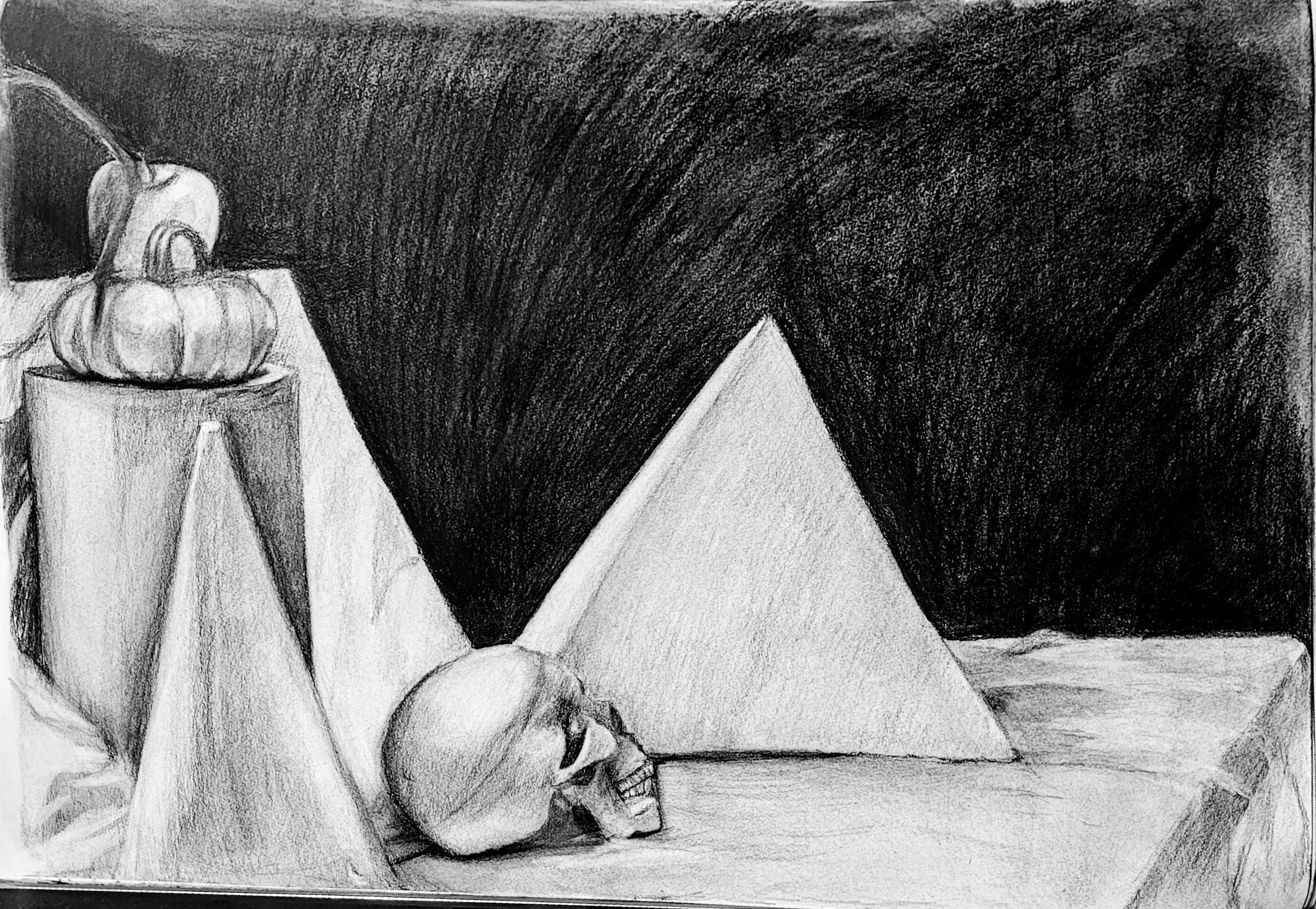 still life, 2022. Charcoal on drawing paper, 18 x 24 in.