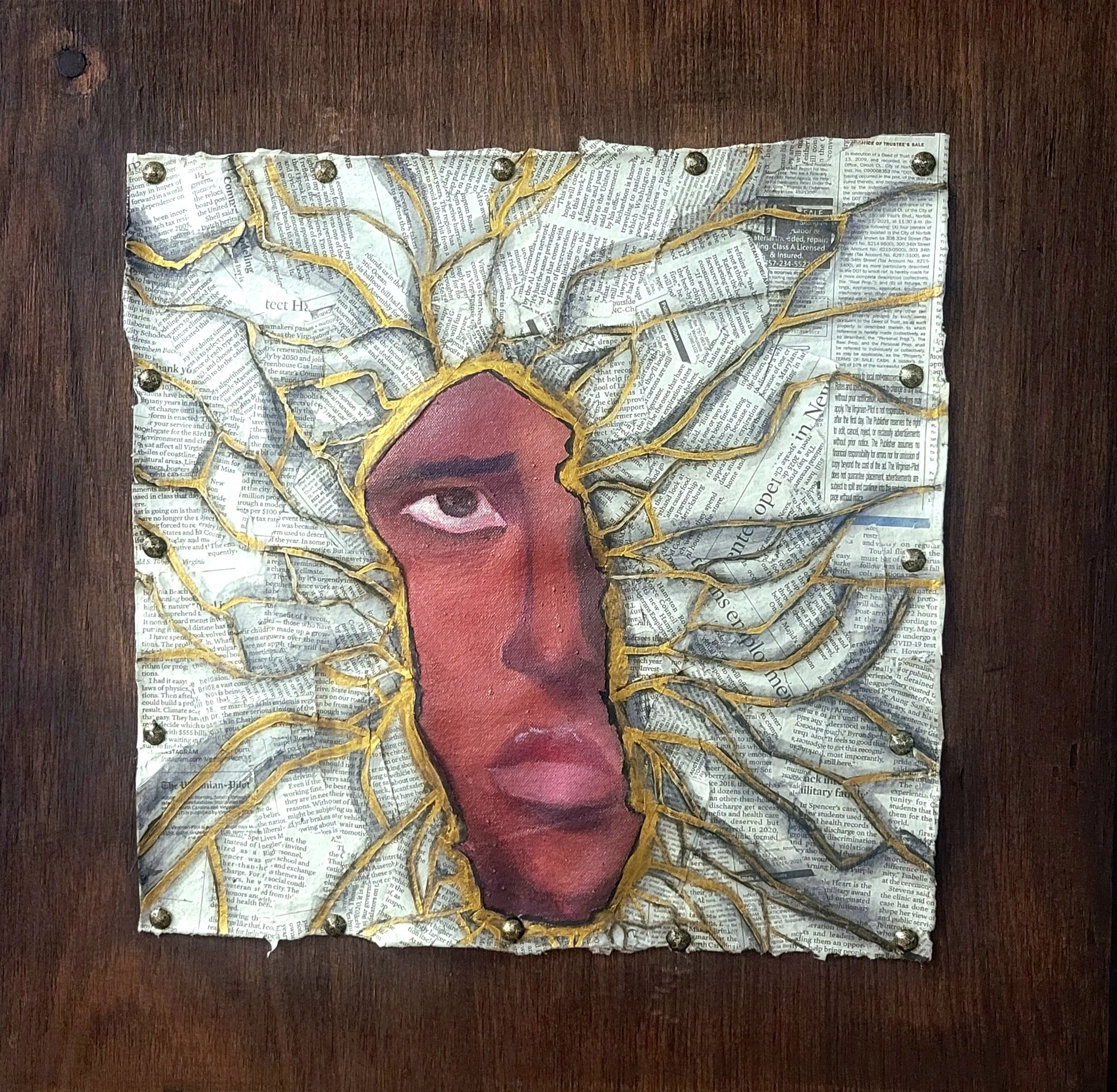 Kintsugi Kokujin, 2022. Oil on canvas, gold acrylic, brass tacks, newspaper, wood panel, 20 x 20 in
