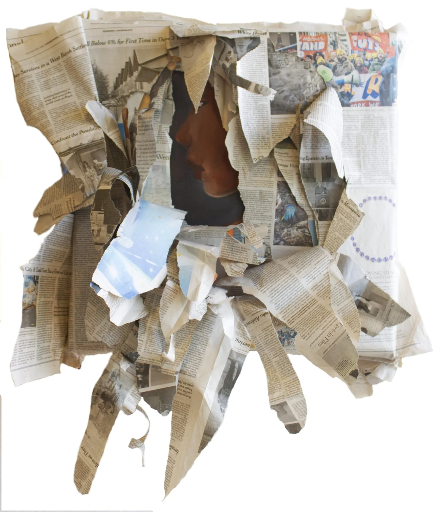 Cover Story, 2026, oil on canvas, newspaper. 20 x 20 in. 
