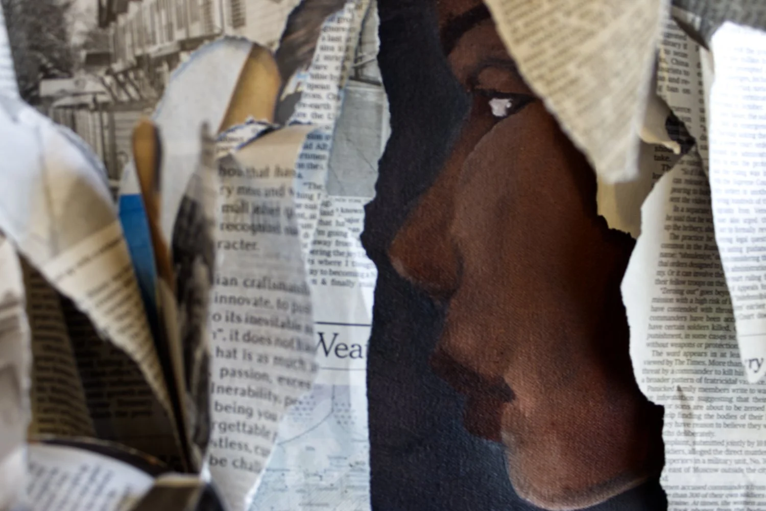 Cover Story Detail, 2026, oil on canvas, newspaper. 20 x 20 in. 
